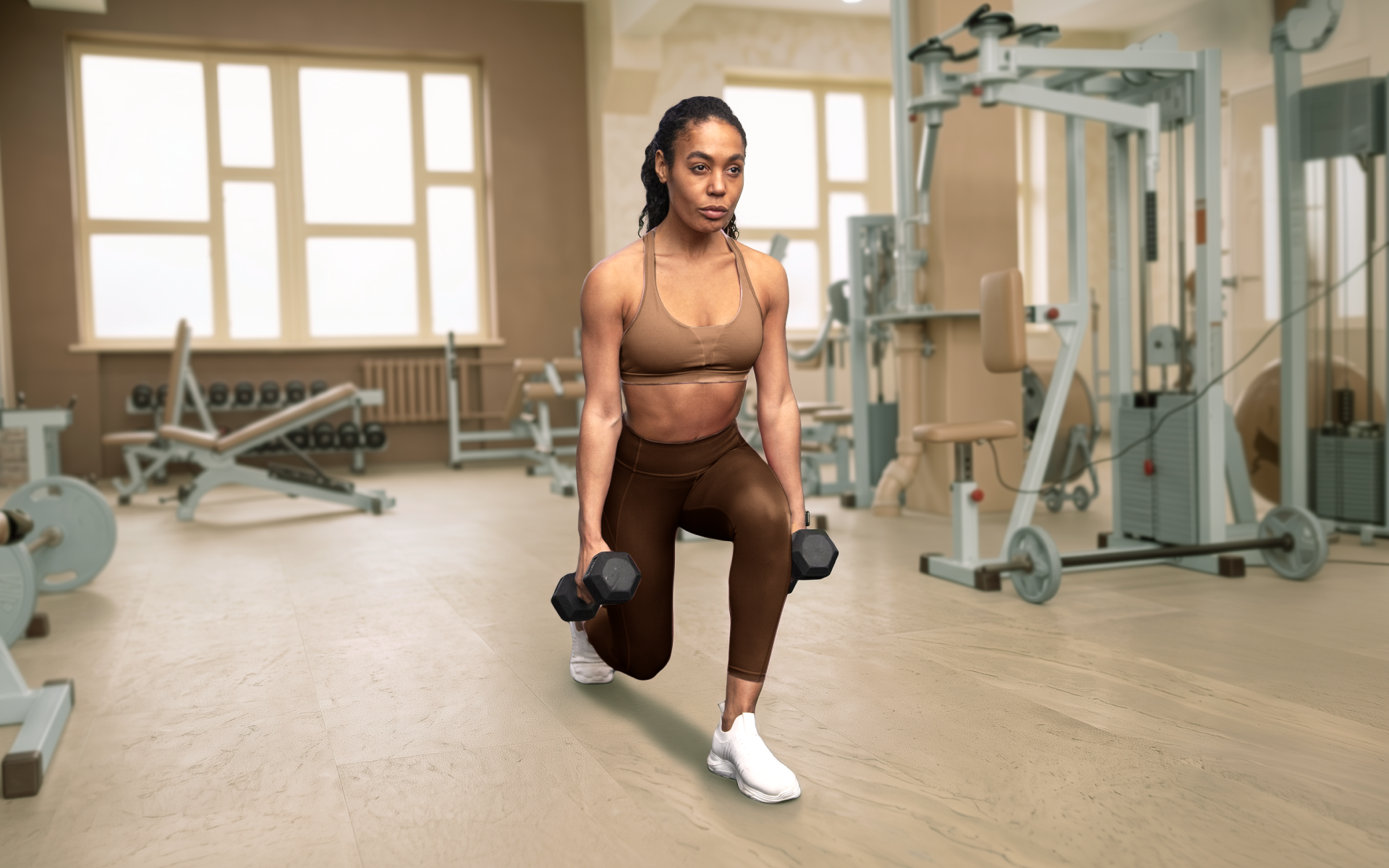 Woman performing a dumbbell lunge in the gym for the best leg workout for mass.