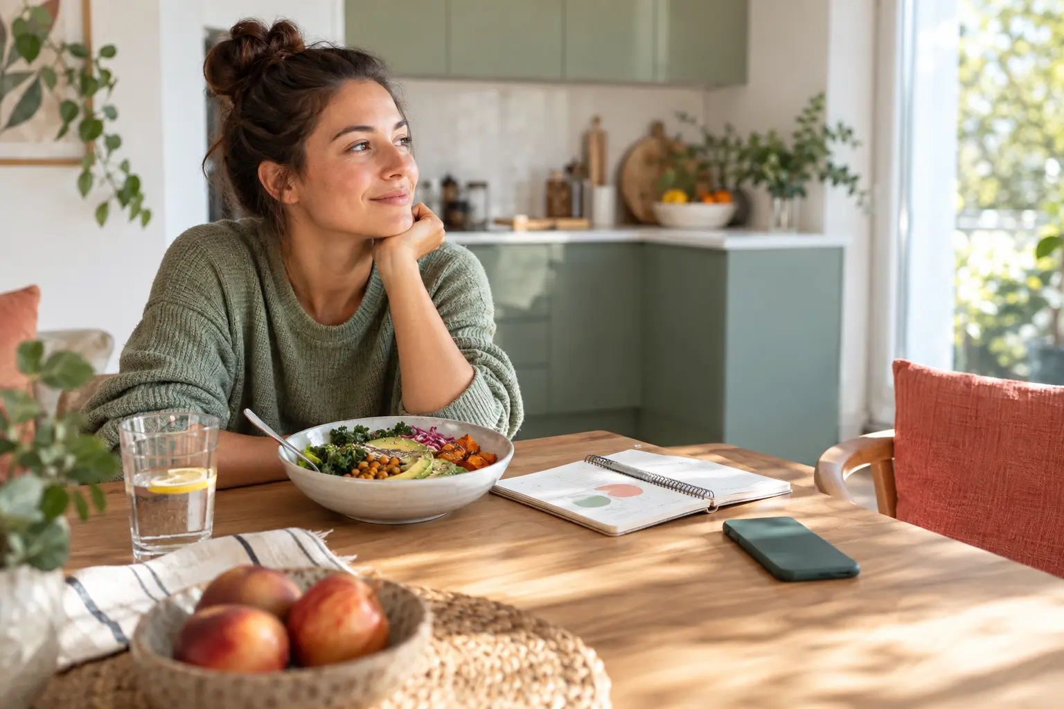 Woman sitting at a table with a healthy meal for a 500 calorie deficit guide.