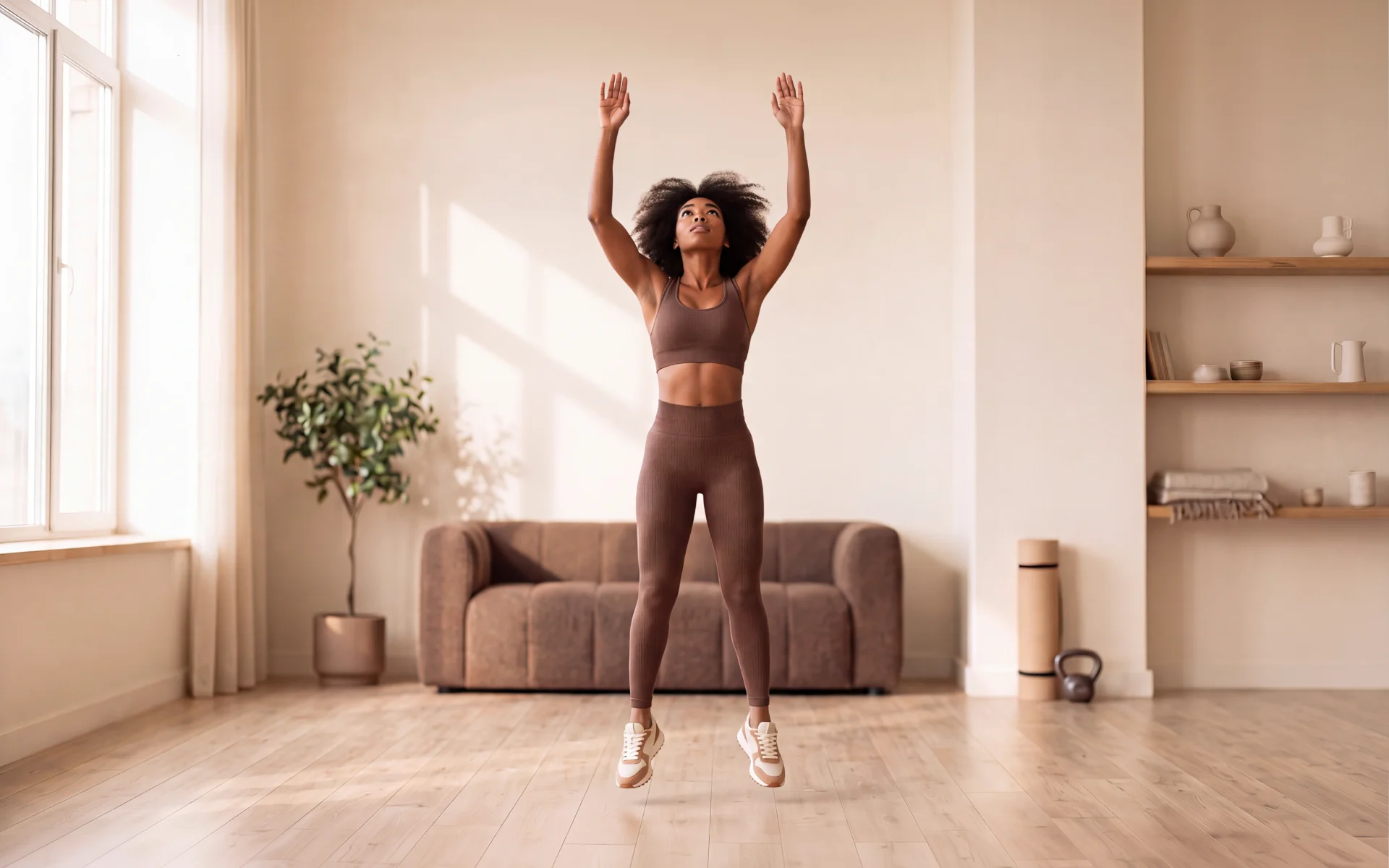 Woman jumping with arms raised during a burpee exercise, demonstrating how to do burpees for beginners.