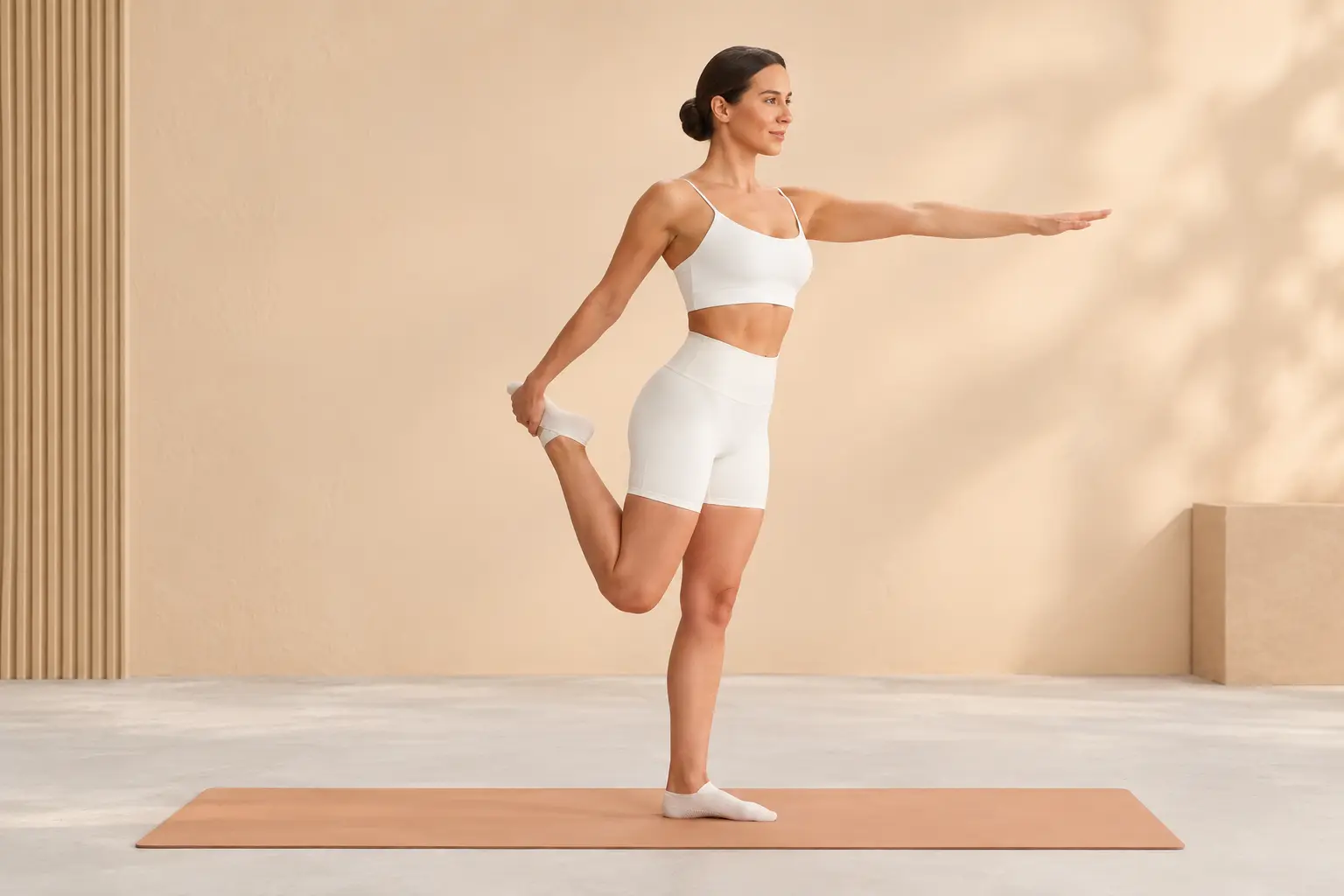 Woman performing a standing quad stretch on a mat to demonstrate stretching techniques.