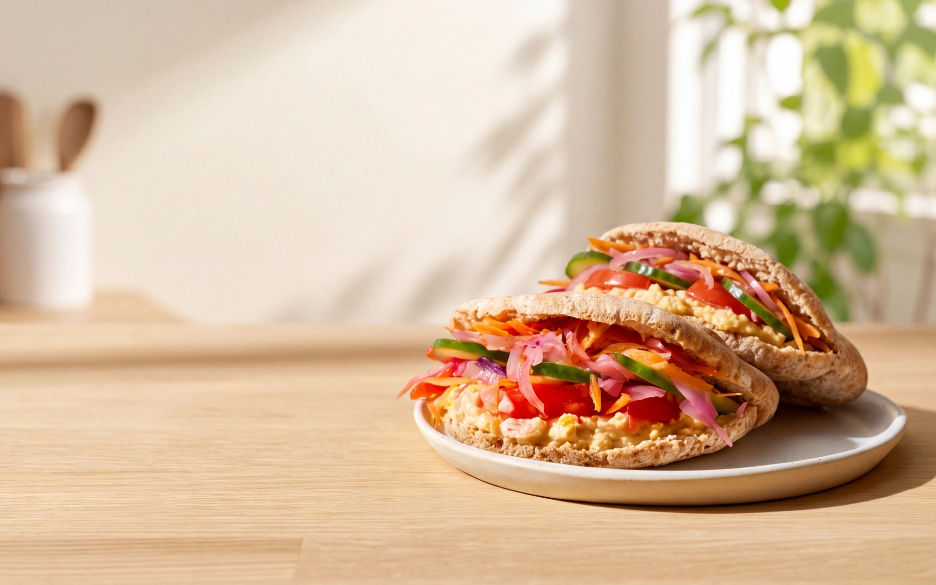 Whole-grain pita pockets filled with hummus and fresh vegetables for a 300-calorie lunch.