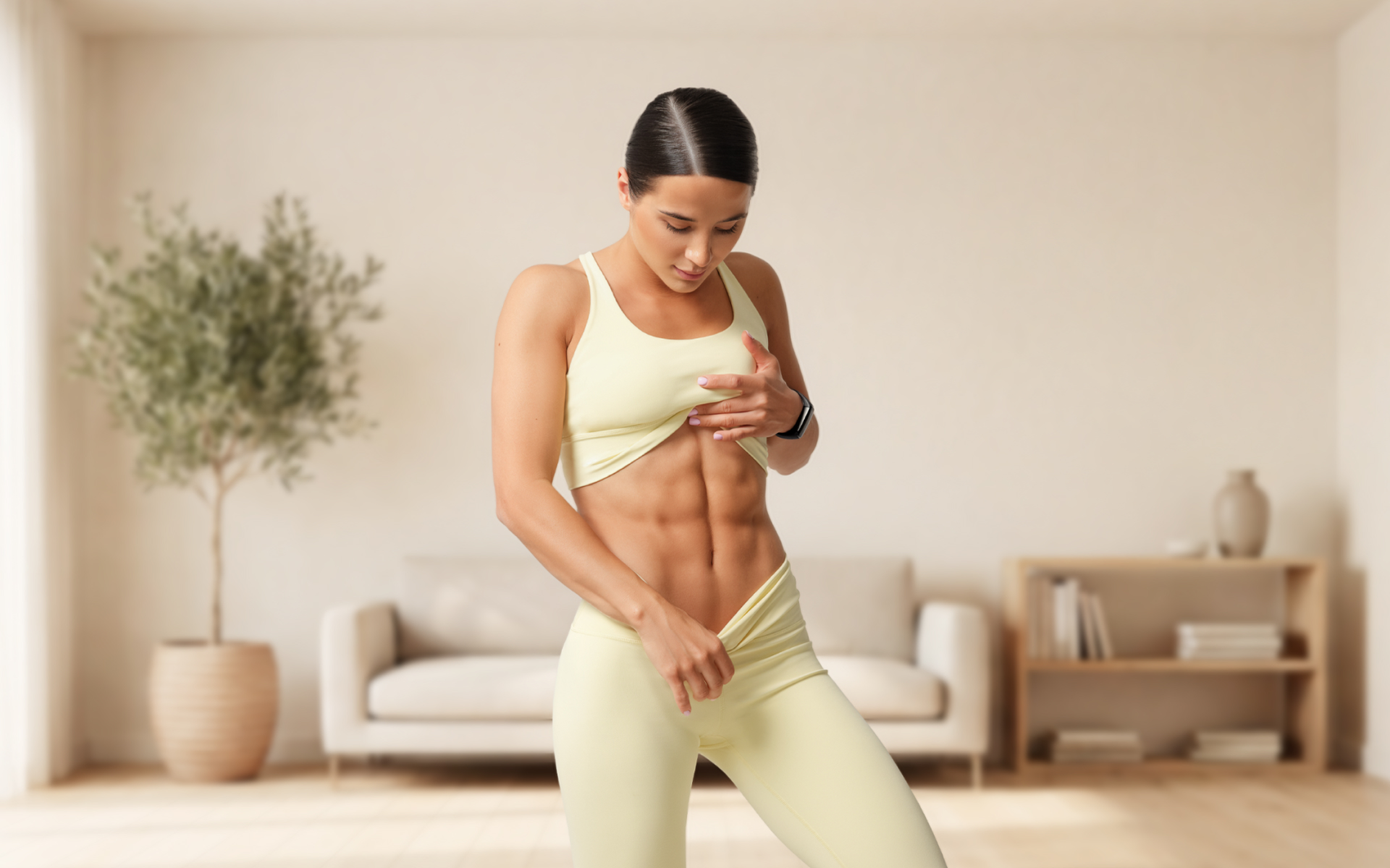 Woman in activewear showing defined abdominal muscles during a 20-Day Abs Challenge.