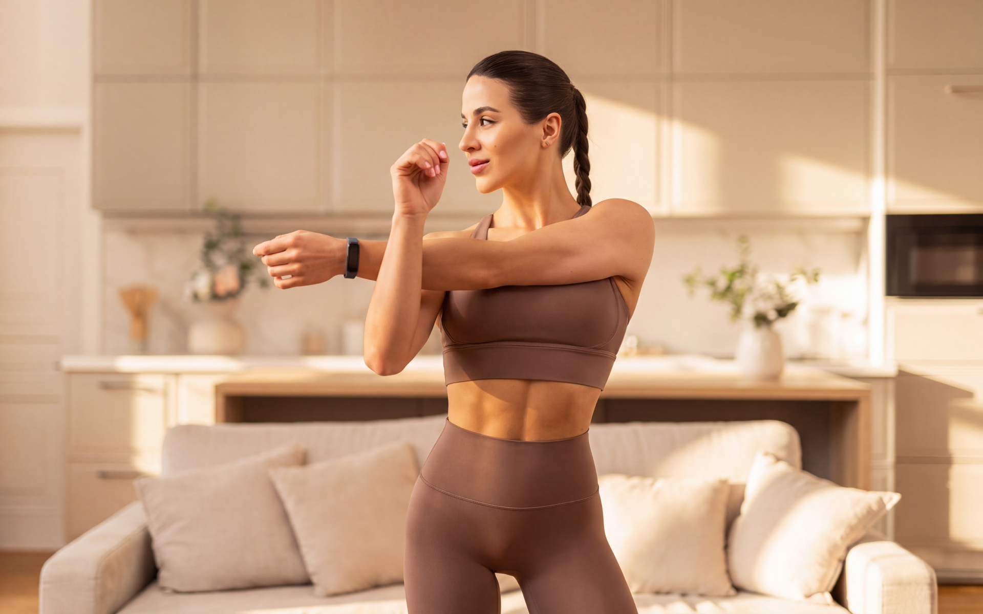 Woman stretching her arms before a home workout for a 4-week workout plan for weight loss.