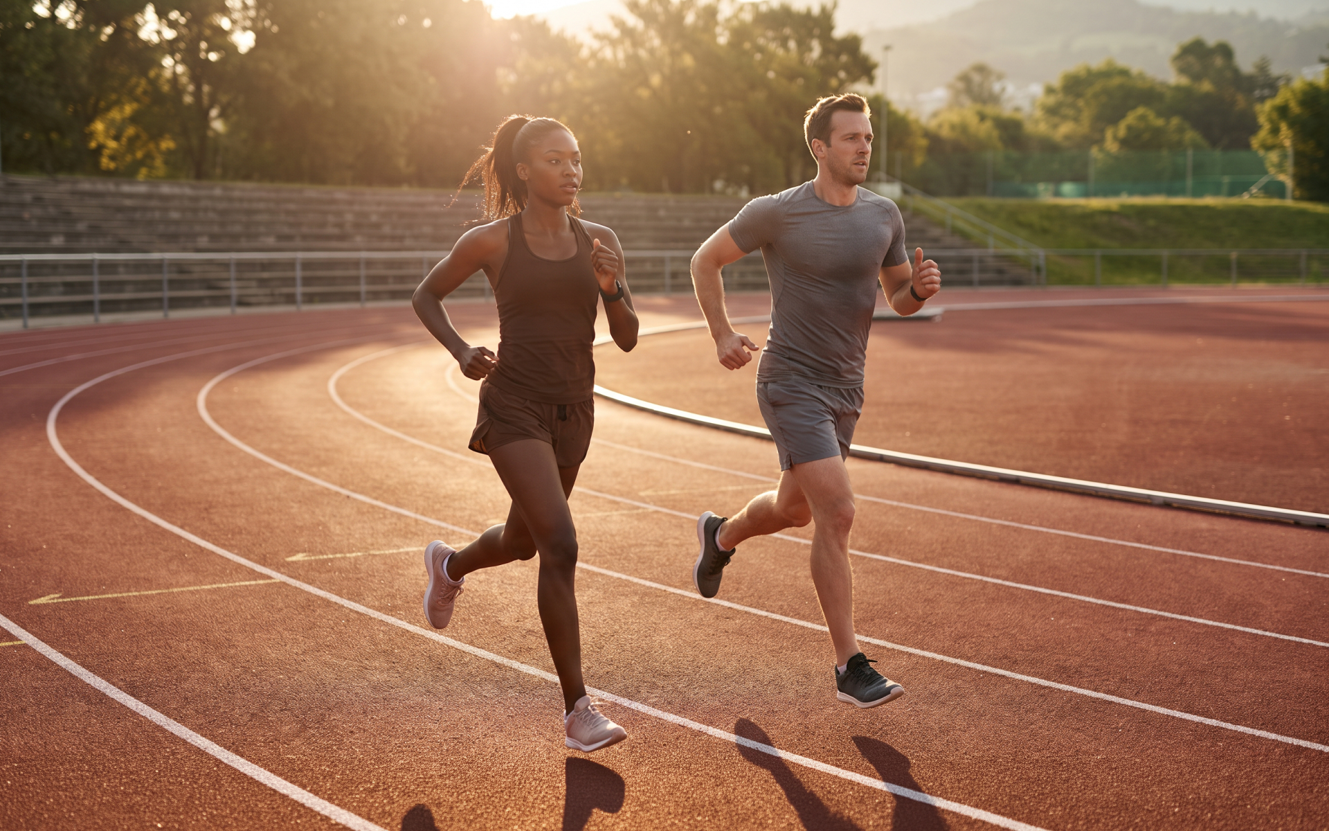 Woman and man running on an outdoor track for track and field training.