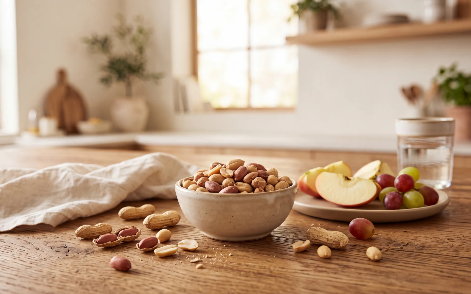 Bowl of peanuts with sliced apples and grapes for are peanuts a healthy snack.