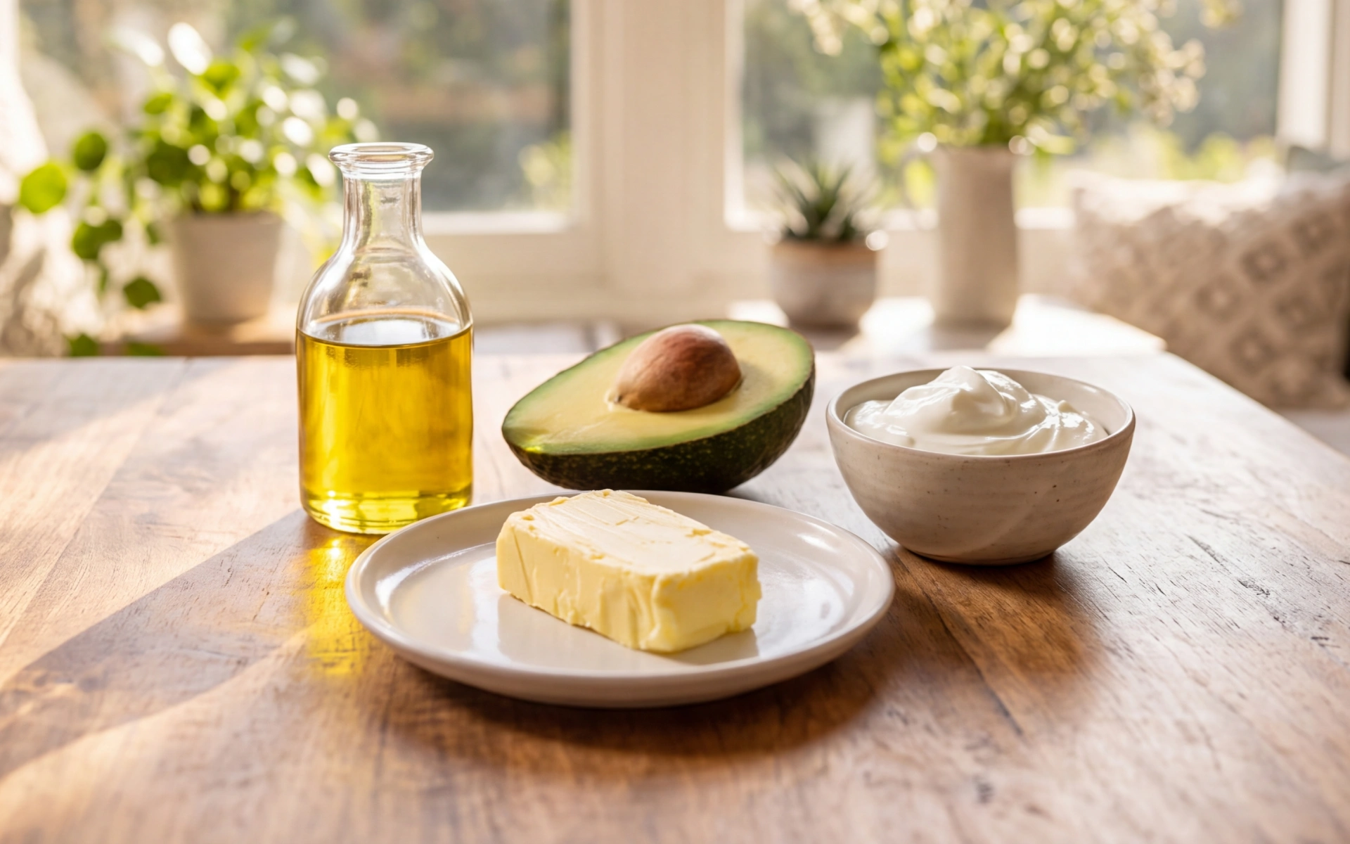 Butter, avocado, olive oil, and yogurt displayed on a table for fat free butter alternatives.