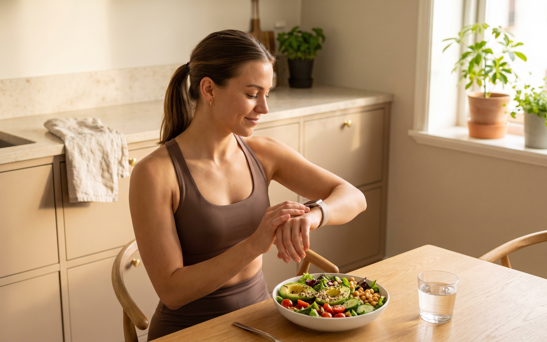 Woman checking her smartwatch before eating a healthy meal as part of her fasting schedule.