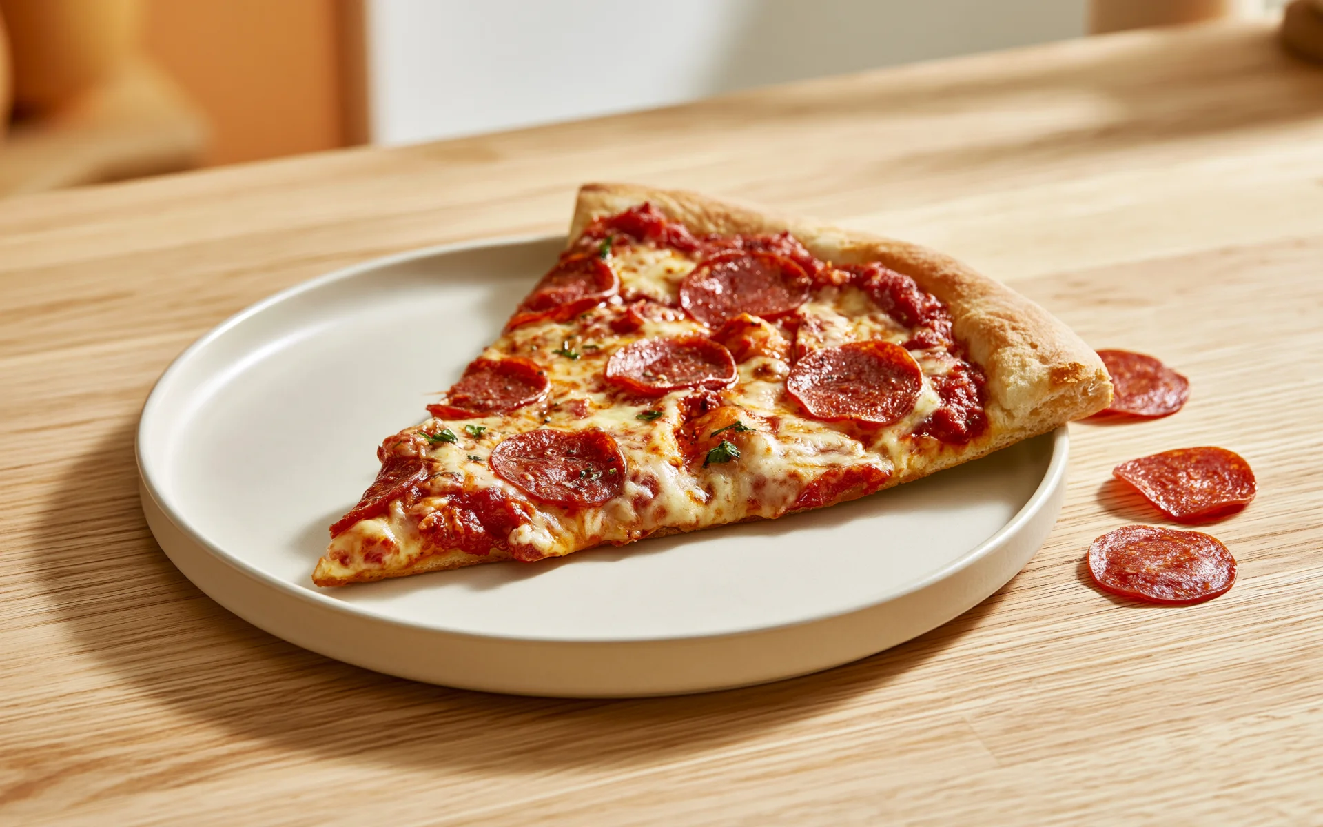 Slice of pepperoni pizza on a plate for is pepperoni good for you.