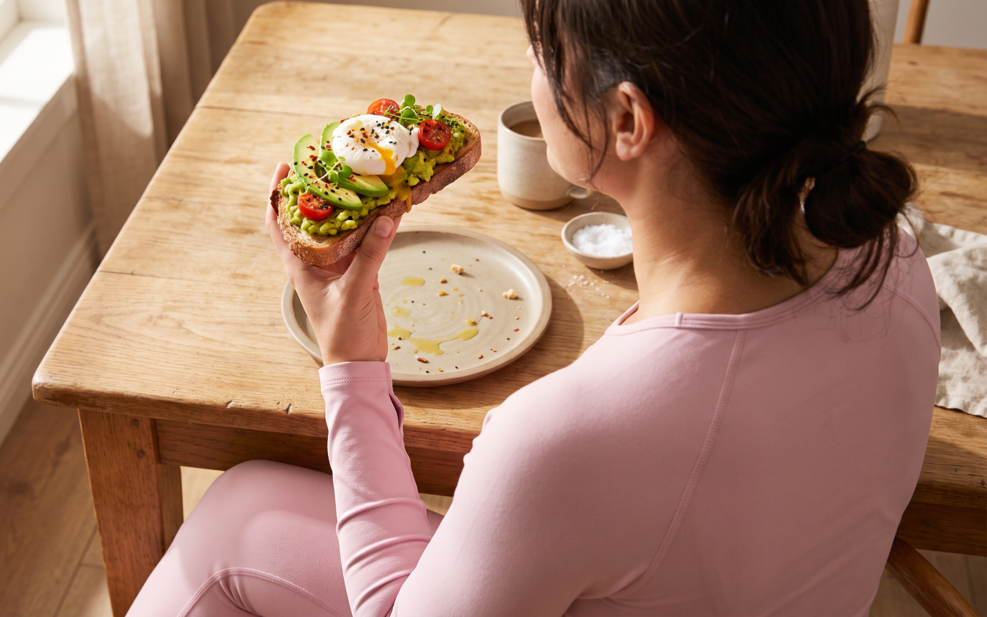 Woman holding avocado toast with a poached egg, showing what to eat during intermittent fasting.