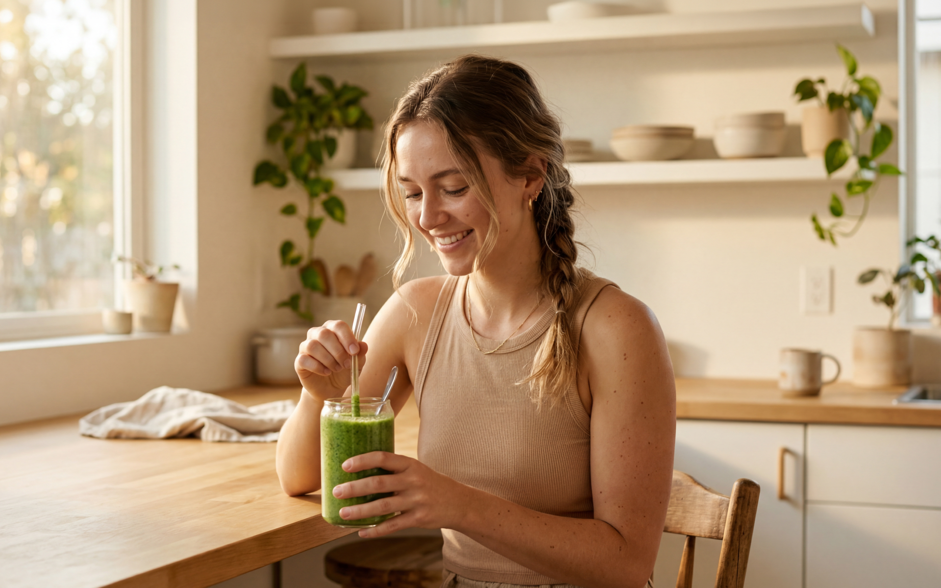 Smiling woman enjoying a green smoothie in a bright kitchen, illustrating keto vs intermittent fasting as two popular approaches to healthy eating and weight management.