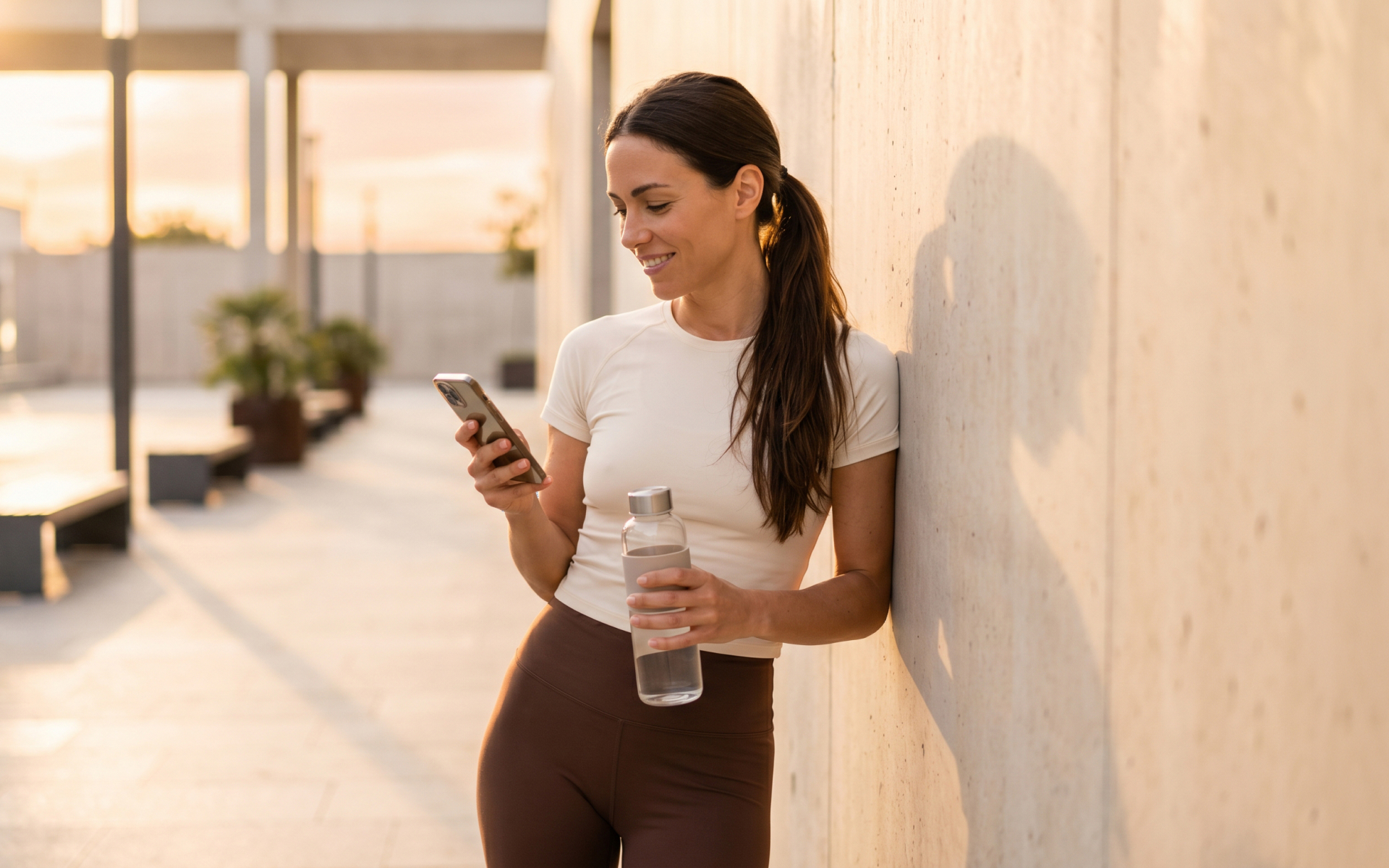 Woman holding a water bottle and checking her phone after a run, illustrating intermittent fasting and running as part of an active lifestyle.
