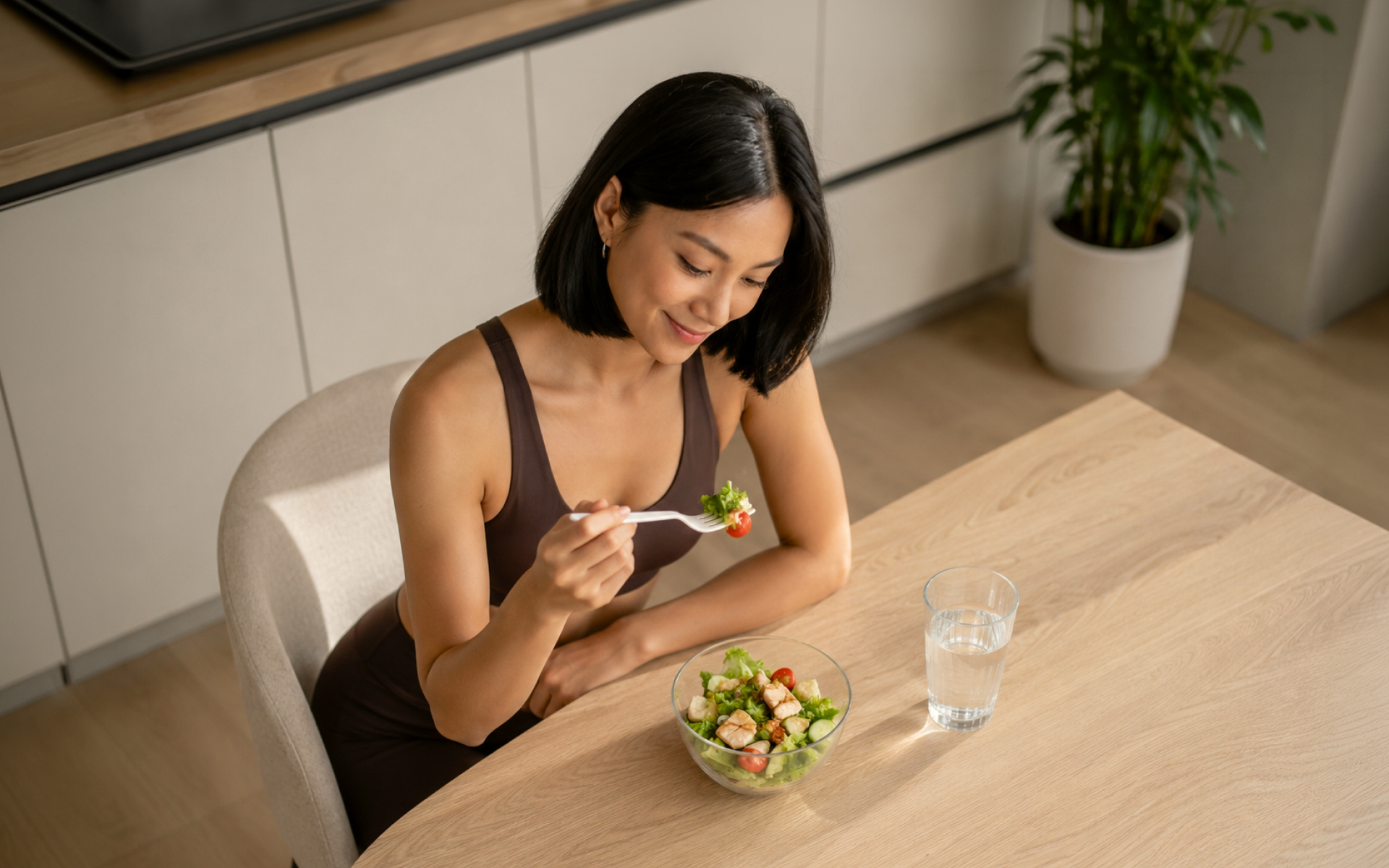 Woman eating a salad at a kitchen table with a glass of water, representing what to eat after fasting.