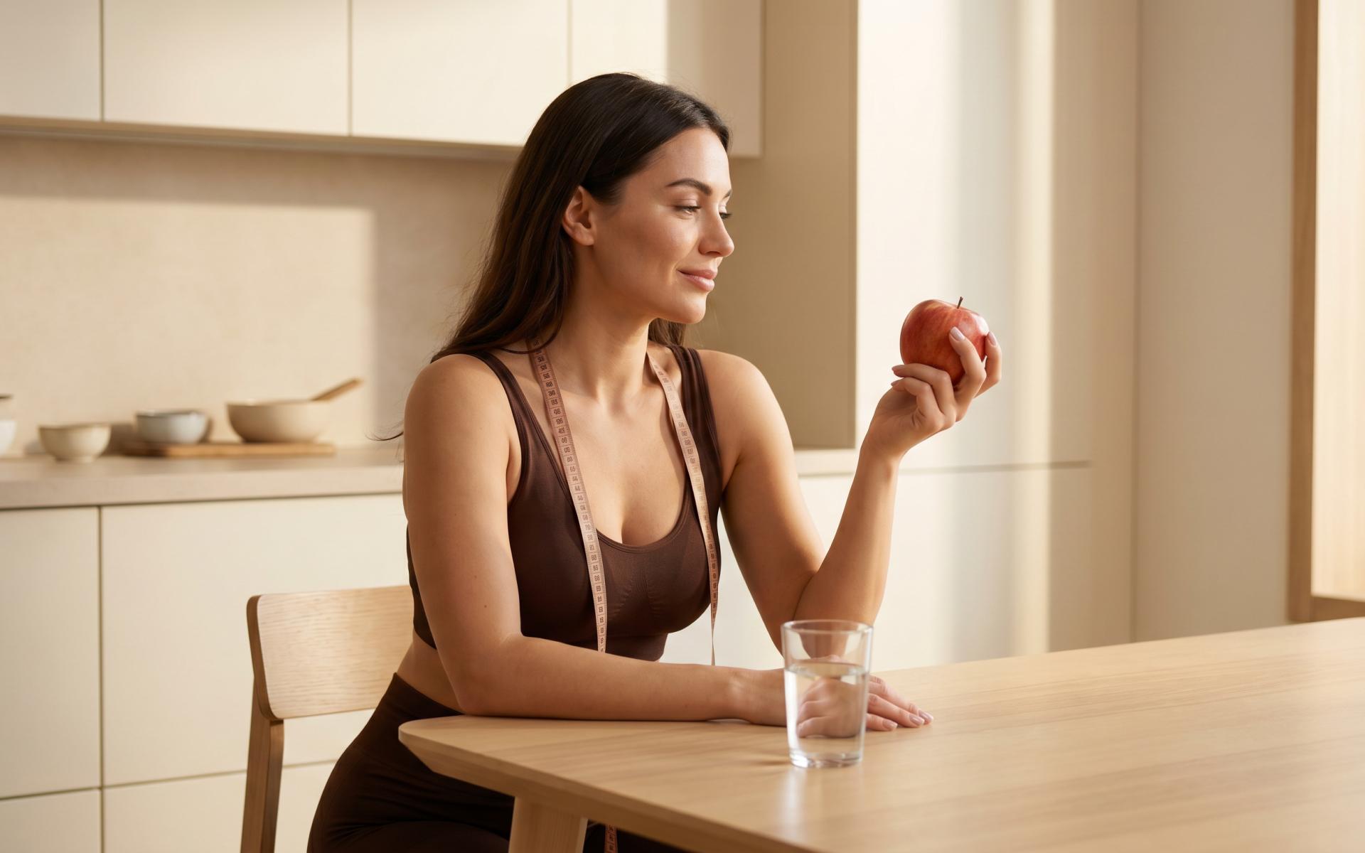 Woman holding an apple while sitting at a kitchen table with water, representing 15:9 intermittent fasting.
