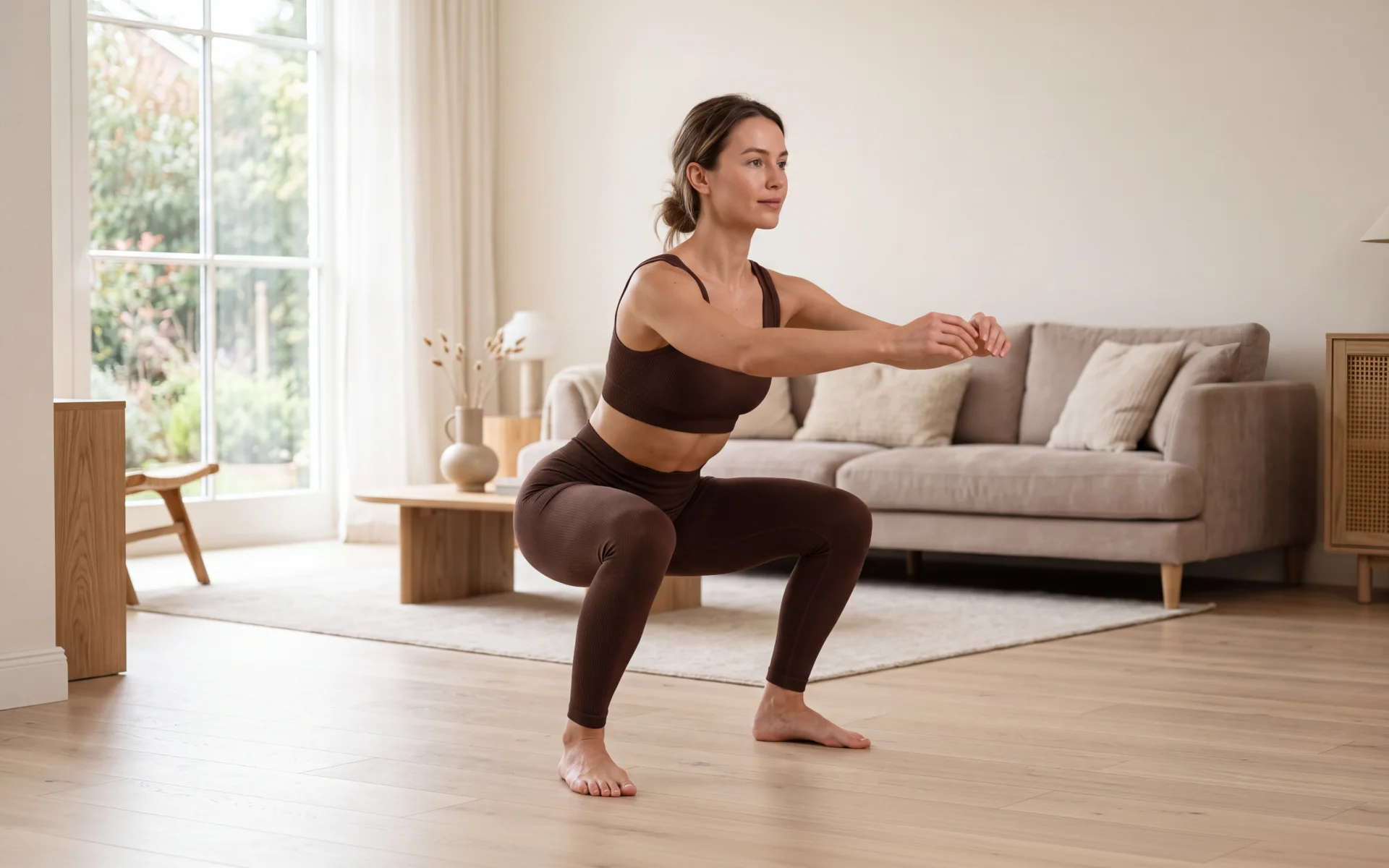 Woman performing a bodyweight squat at home for calisthenics for women.