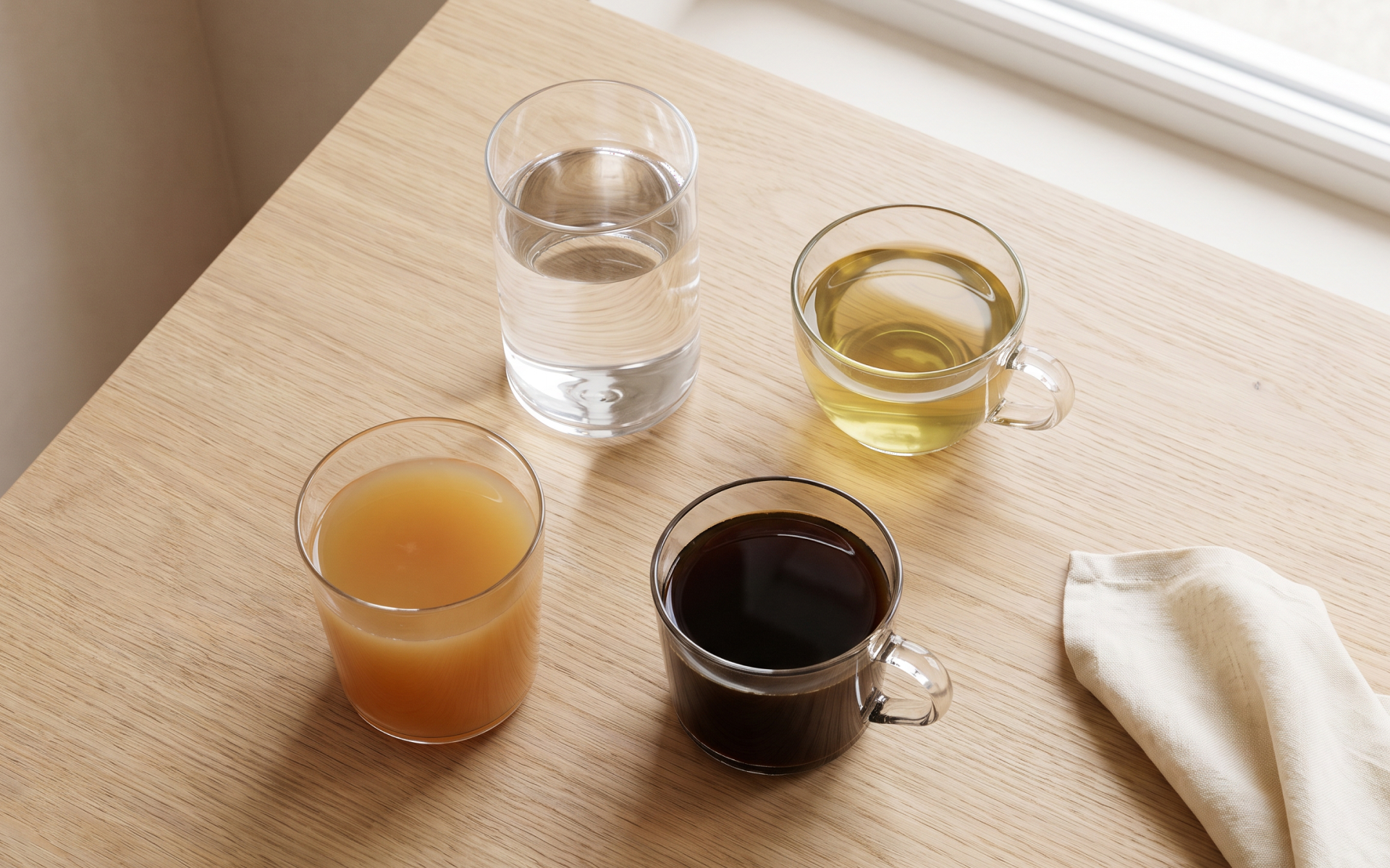 Water, green tea, black coffee, and juice shown as examples of liquids to drink while fasting.