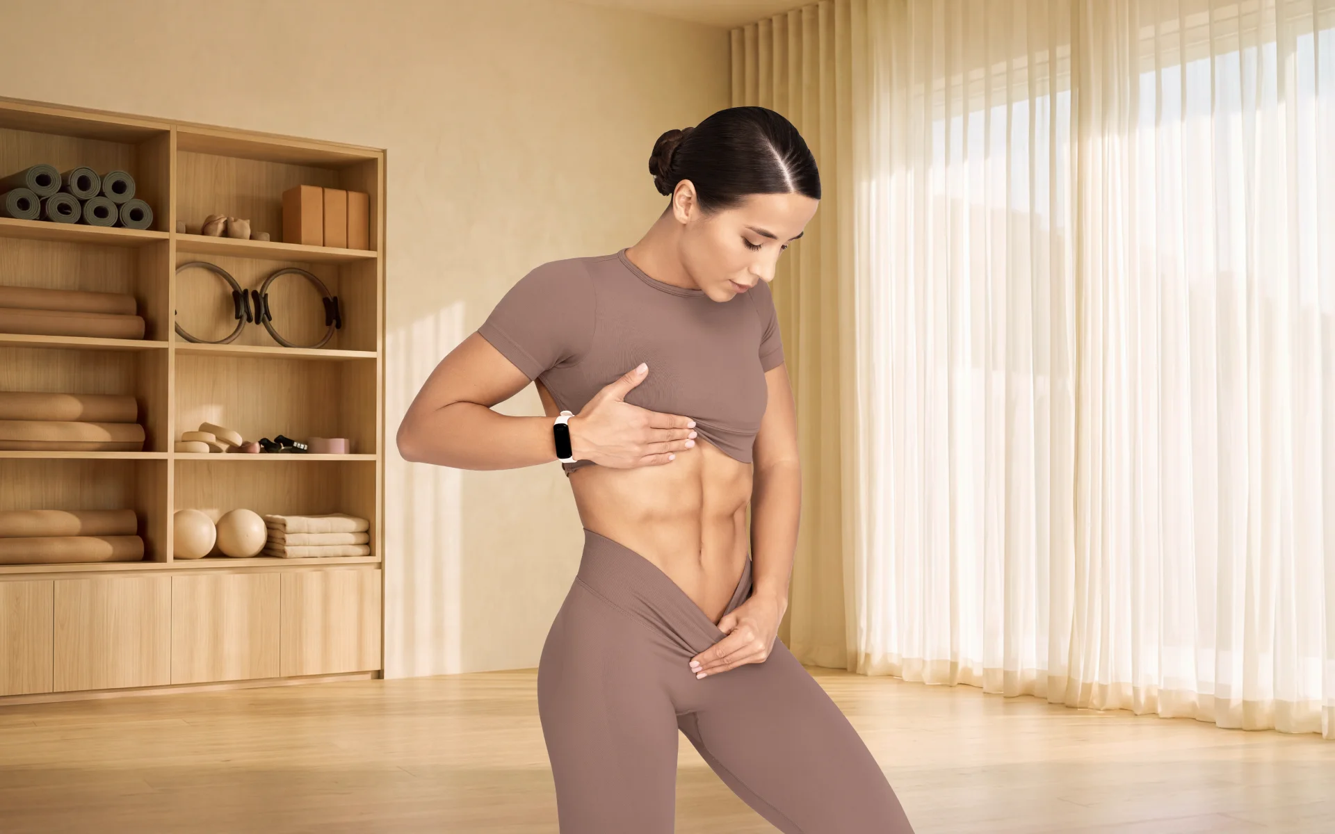 Woman showing defined abdominal muscles as an example of a toned physique.
