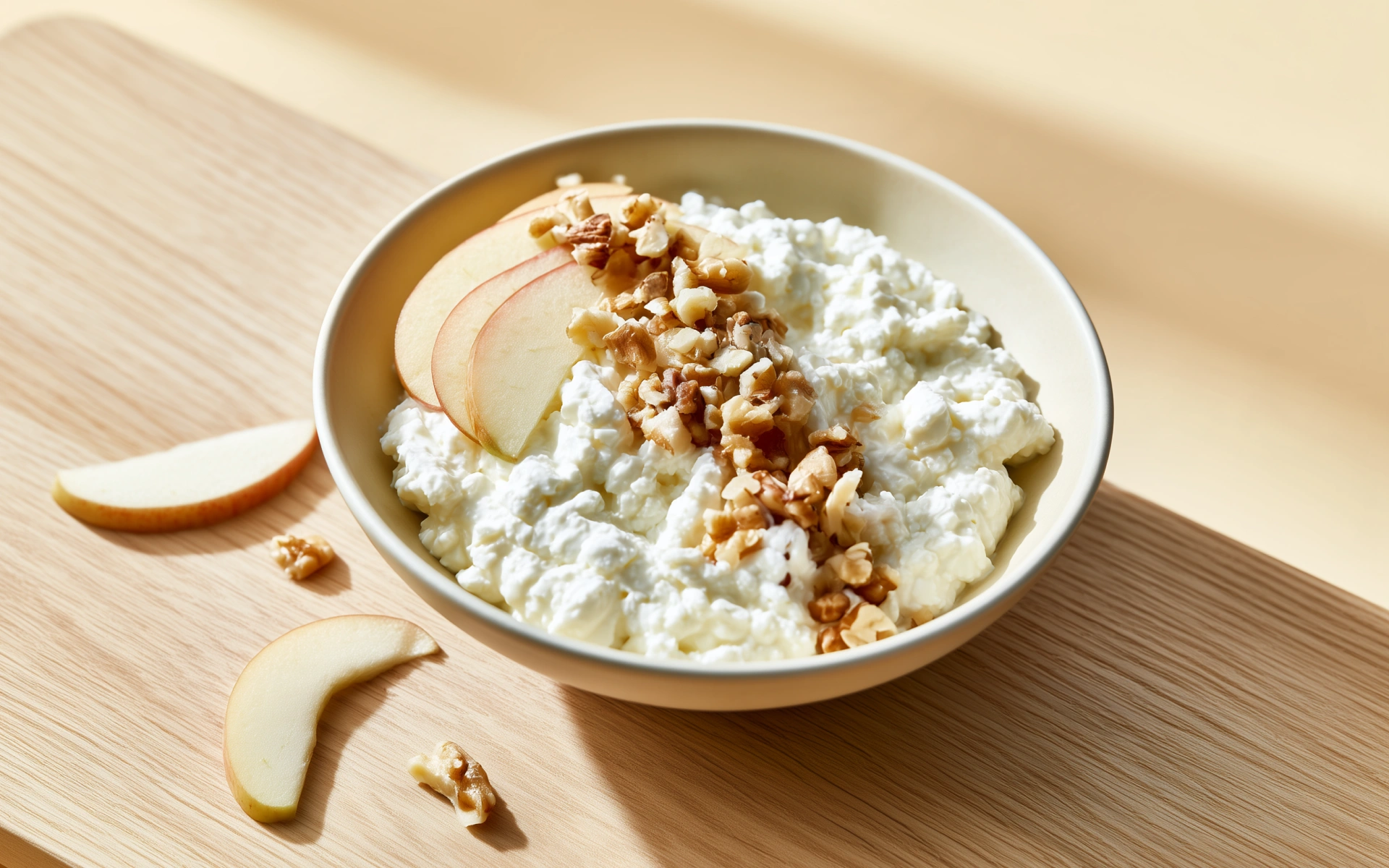 Bowl of cottage cheese topped with apple slices and walnuts for the best breakfast for weight loss.