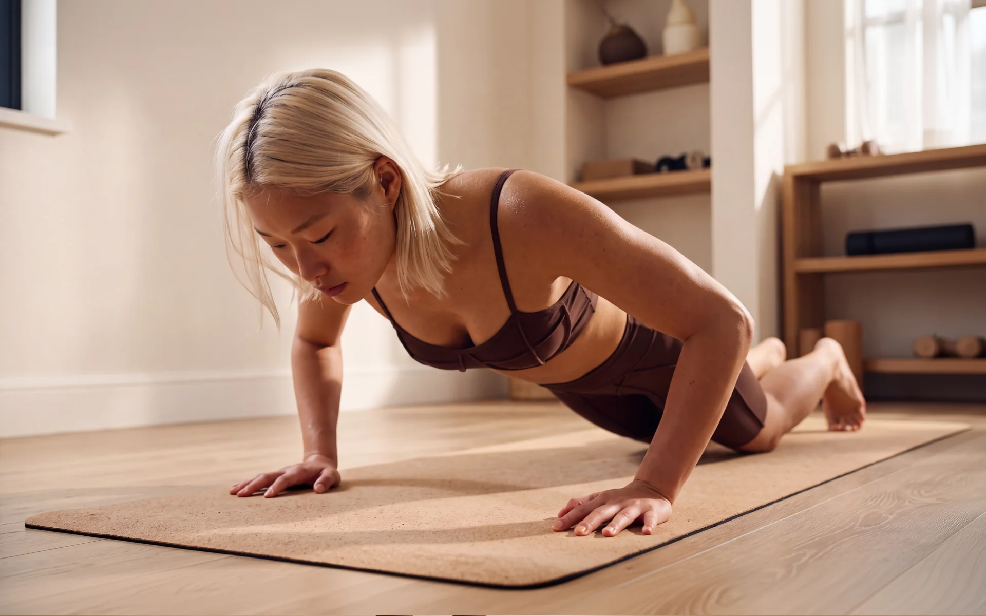Woman performing a knee push-up at home for a BetterMe calisthenics review.