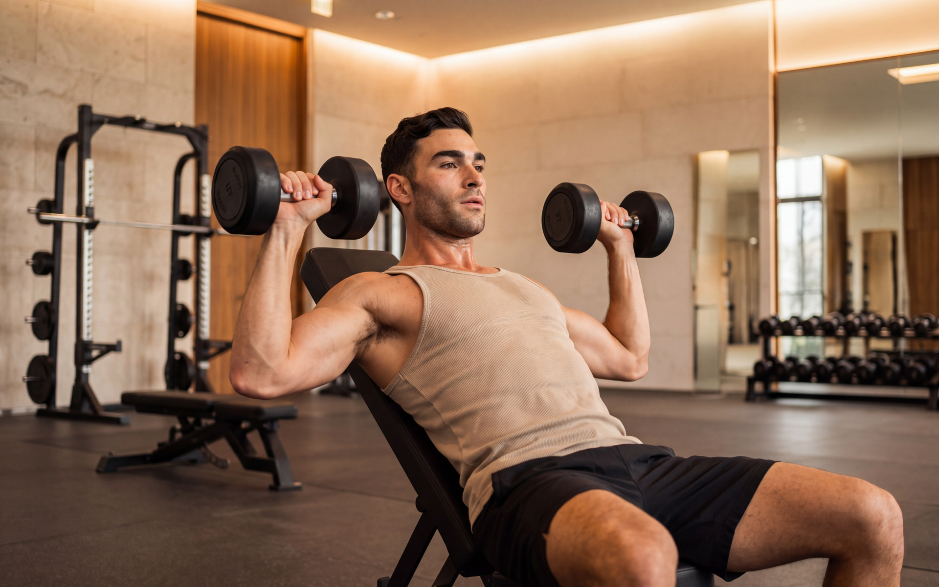Man performing an incline dumbbell press in the gym for a chest workout plan.
