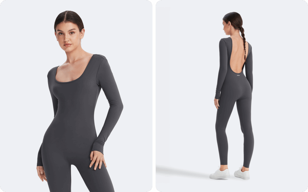 Deep Scoop Back Bodysuit – Charcoal grey, second-skin long sleeves