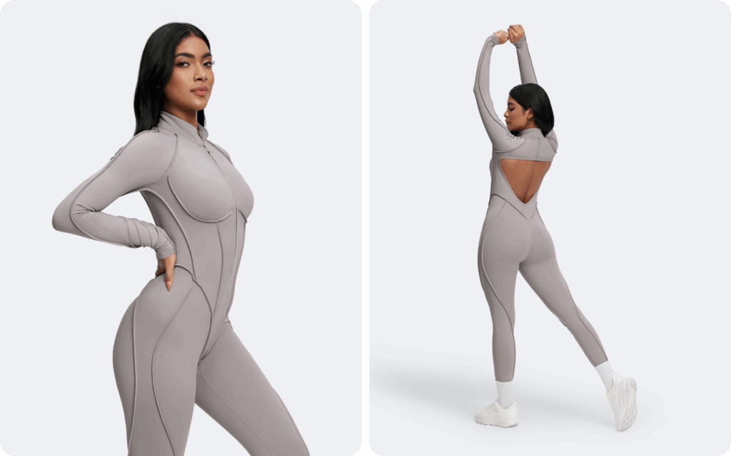 Full-Length Catsuit – Taupe with contour seams and open back cut-out