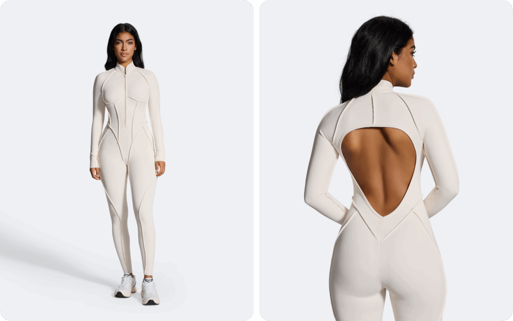 Full-Length Catsuit – Ivory zip-front with diamond back cut-out design
