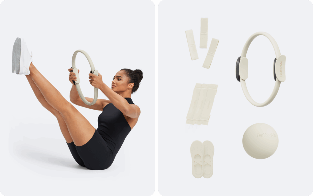 Mini reformer kit with standing user and separate pink board components