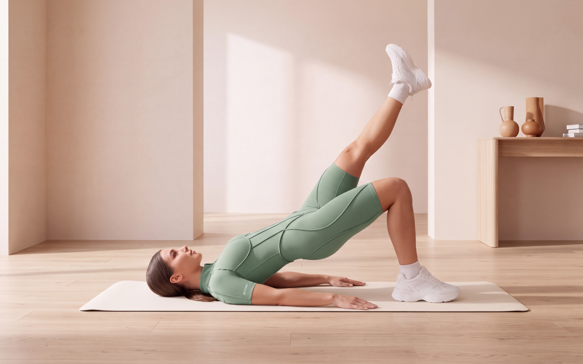 Woman performing a single-leg glute bridge on a mat for Pilates butt exercises.