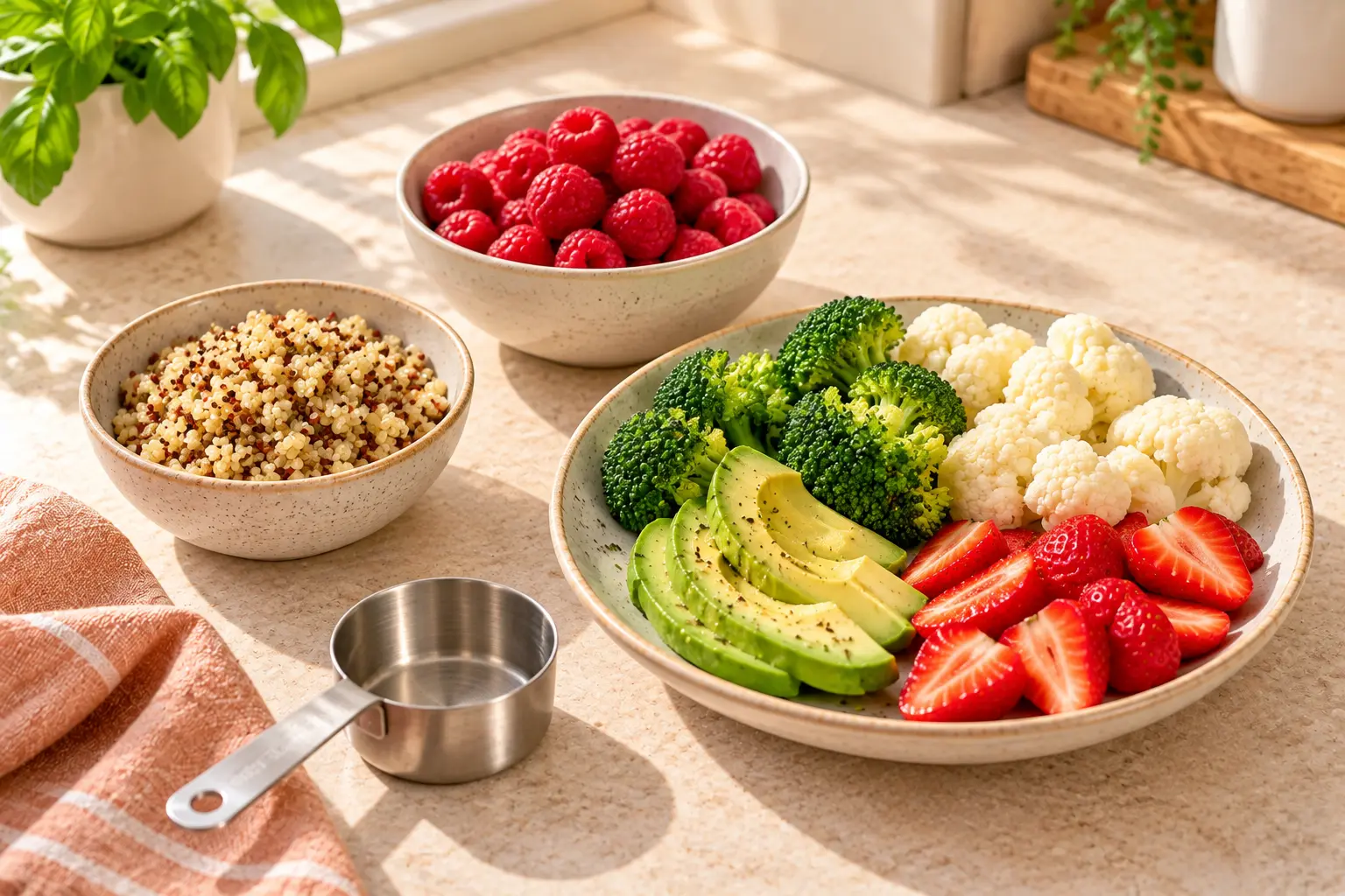 20 grams of carbs example with quinoa, raspberries, broccoli, cauliflower, avocado, and strawberries.
