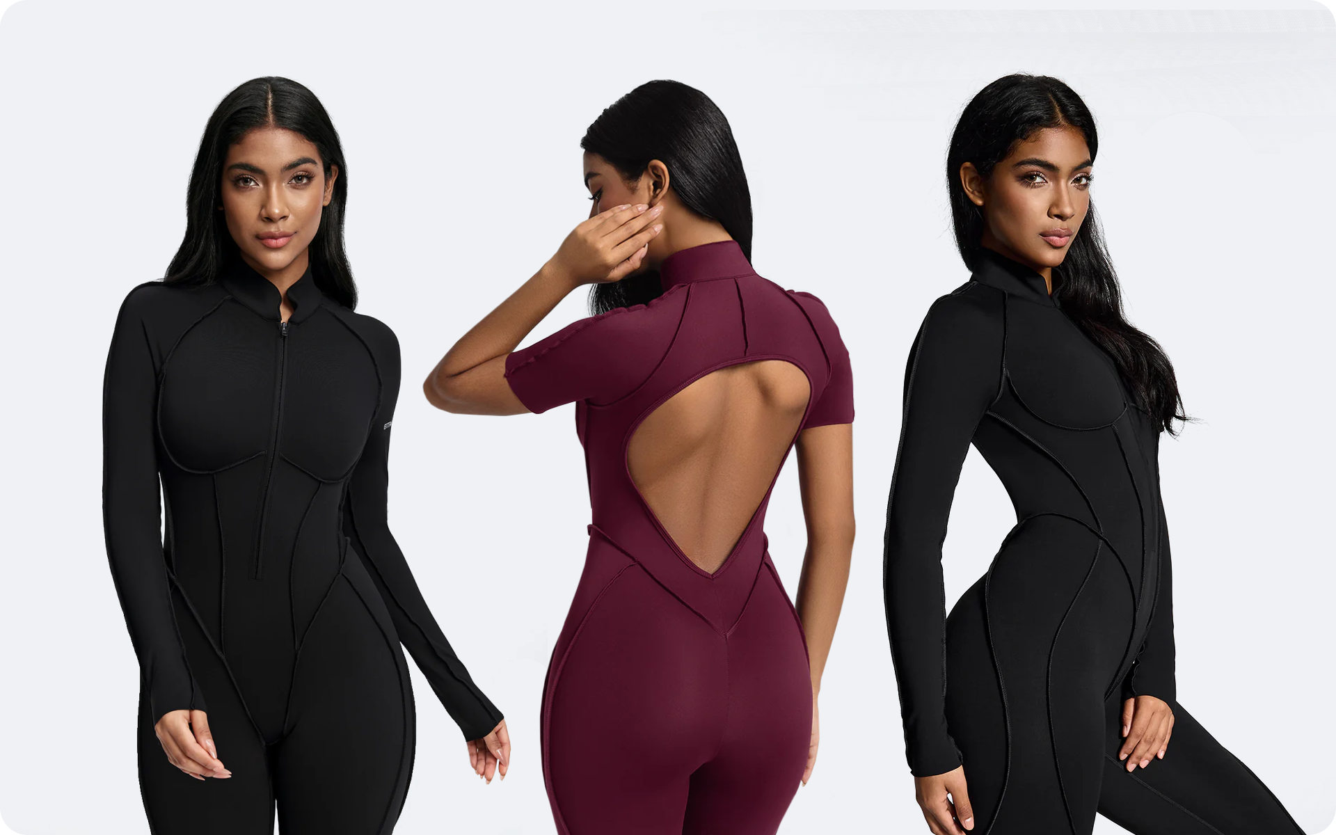three women wearing a black closed back catsuit, a black full length catsuit, and a burgundy sleek shorts catsuit.