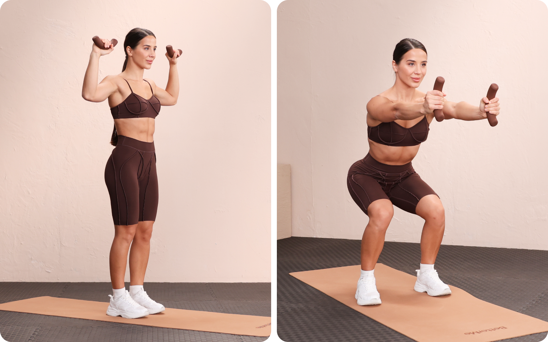 Lessie Fitness on a tan yoga mocha holds chocolate brown dumbbells—standing with arms raised in a goalpost position (left) and performing a squat with arms extended forward (right).