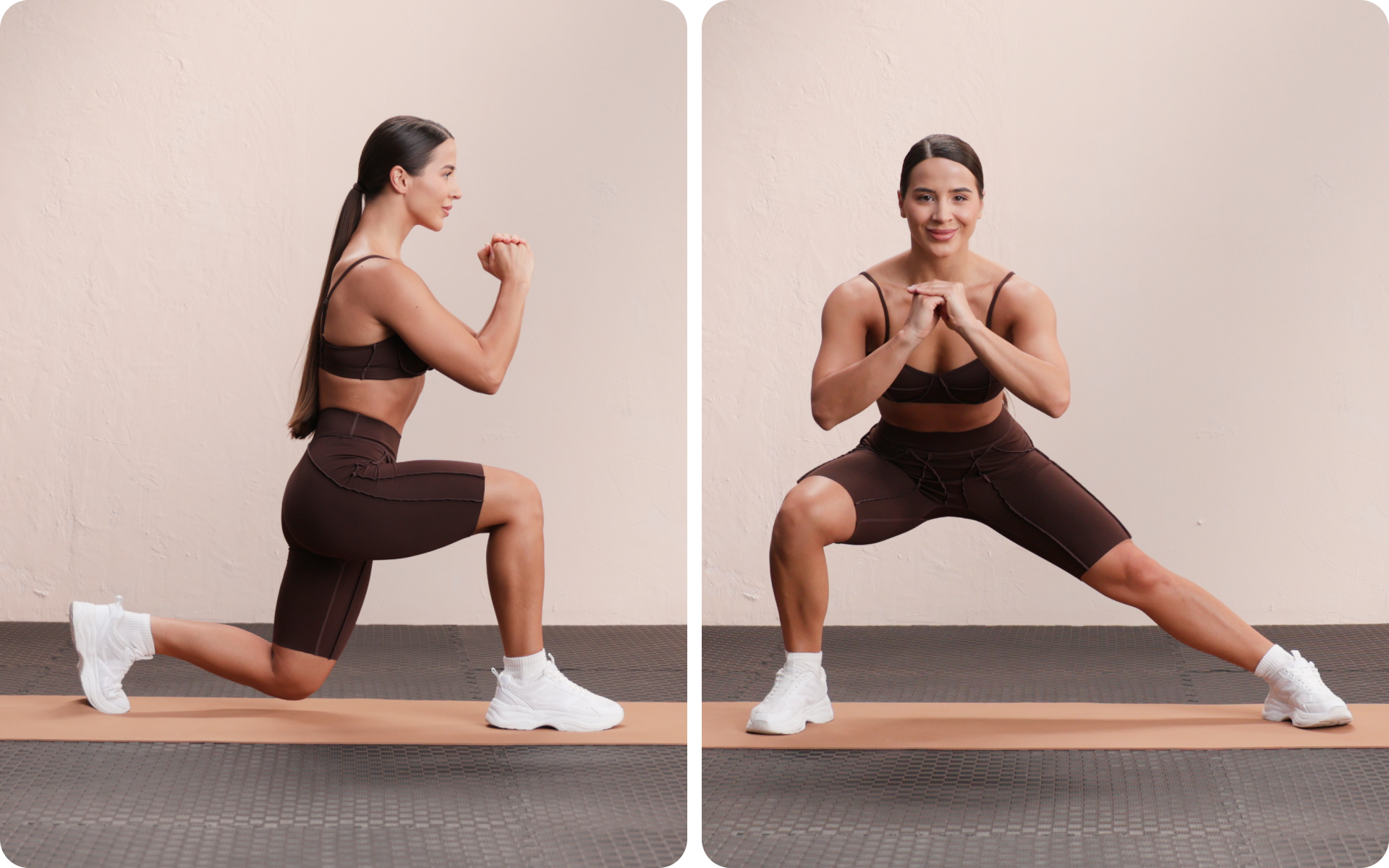 Lessie Fitness demonstrates lower-body strength moves on a mat, shown doing a kneeling lunge and a wide side lunge squat in a neutral studio.