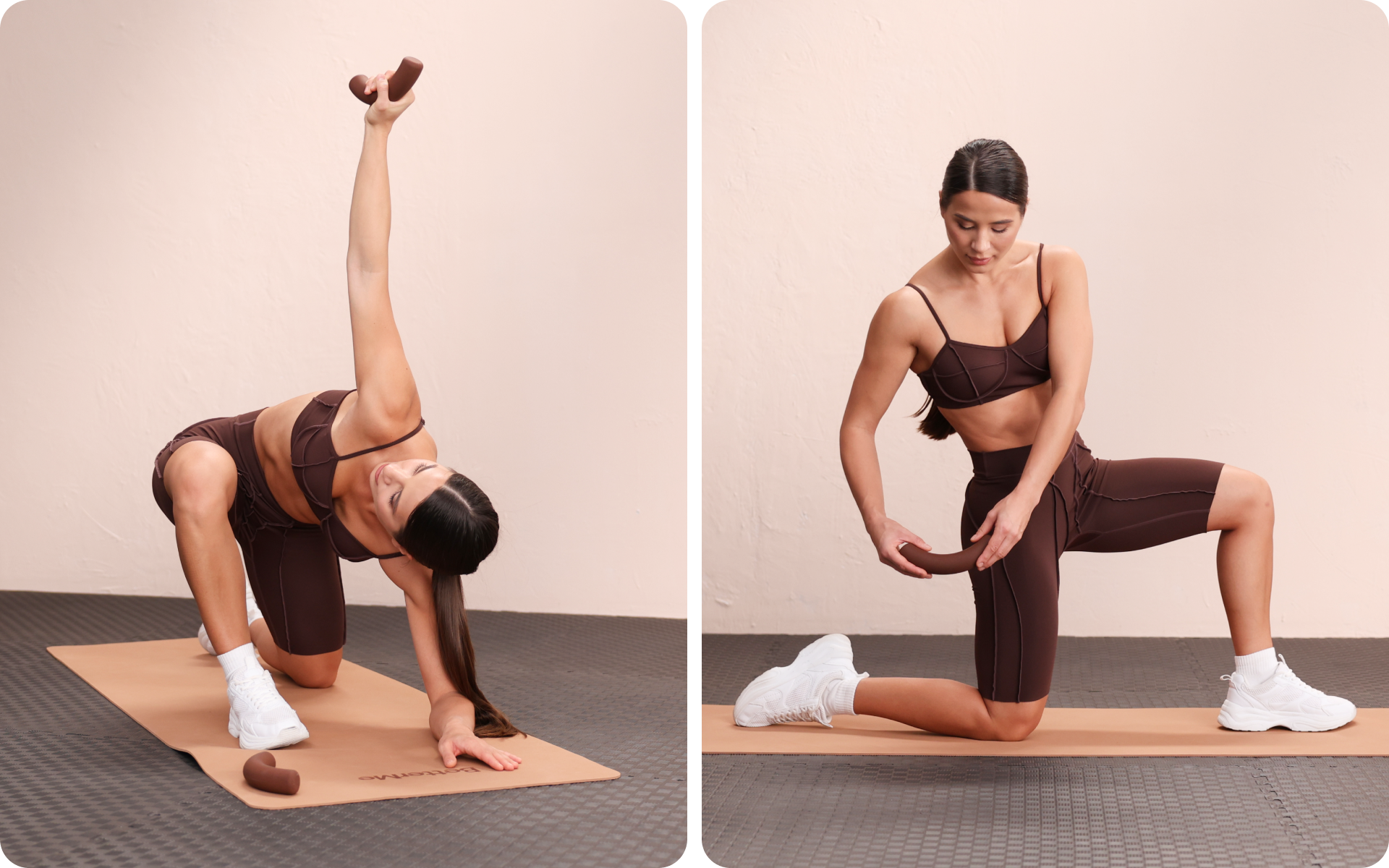 Lessie Fitness collage of a woman doing a kneeling side stretch with a dumbbell and a lunge while holding a dumbbell.