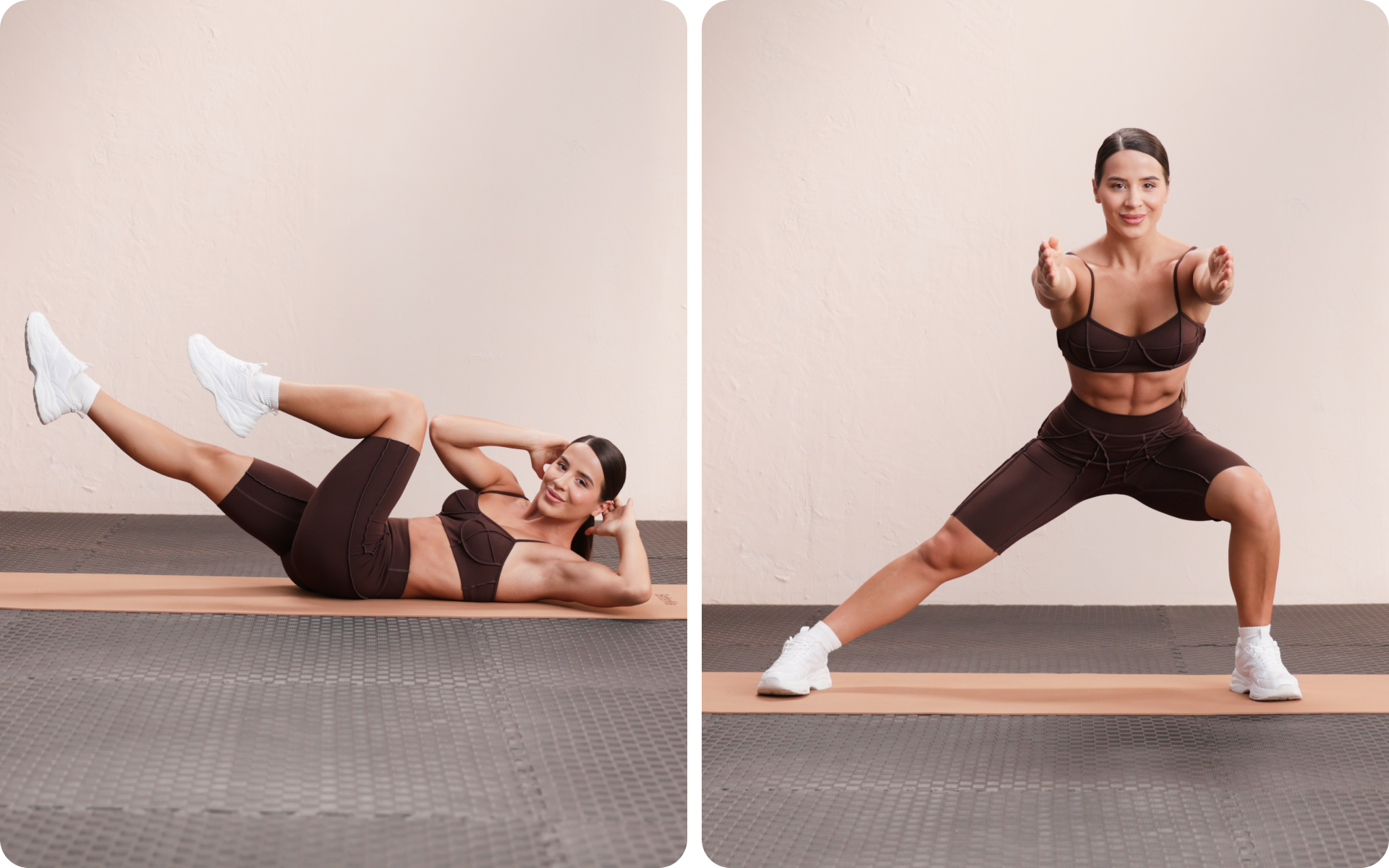 Lessie Fitness demonstrates core and lower-body moves on a mat, shown doing a bicycle crunch variation and a wide side lunge squat in a neutral studio.