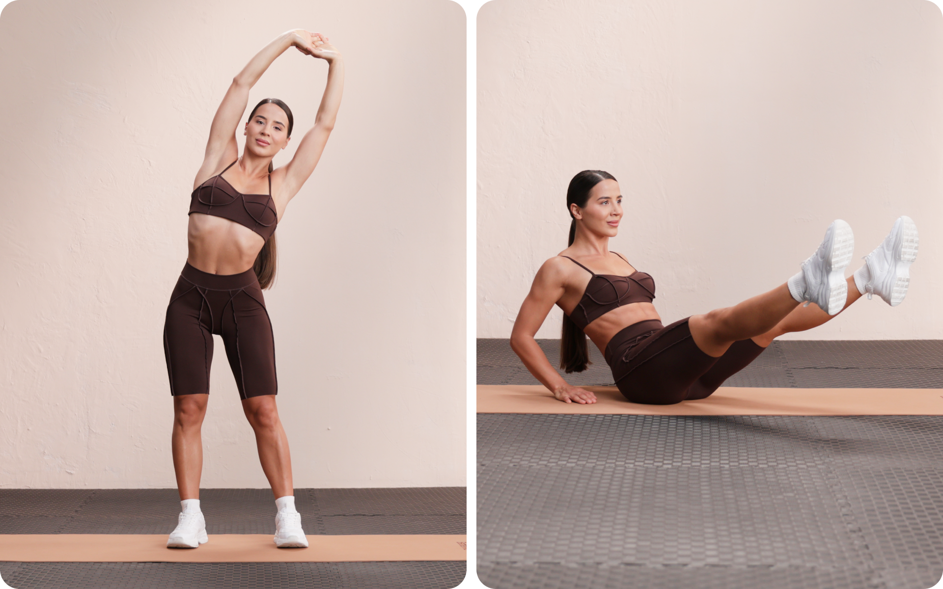 Lessie Fitness collage of a woman stretching overhead and doing a seated leg lift on a mat.