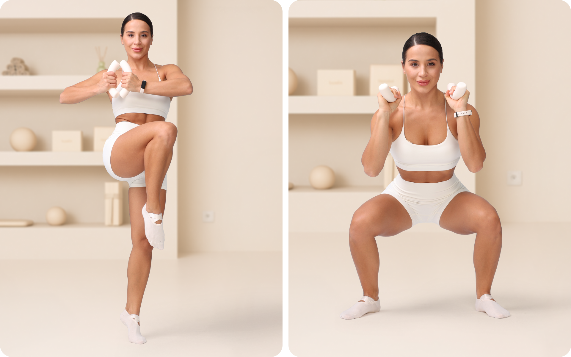 Lessie Fitness in a white workout set demonstrates strength moves with hand weights, shown doing a standing knee lift and a wide squat in a bright studio.