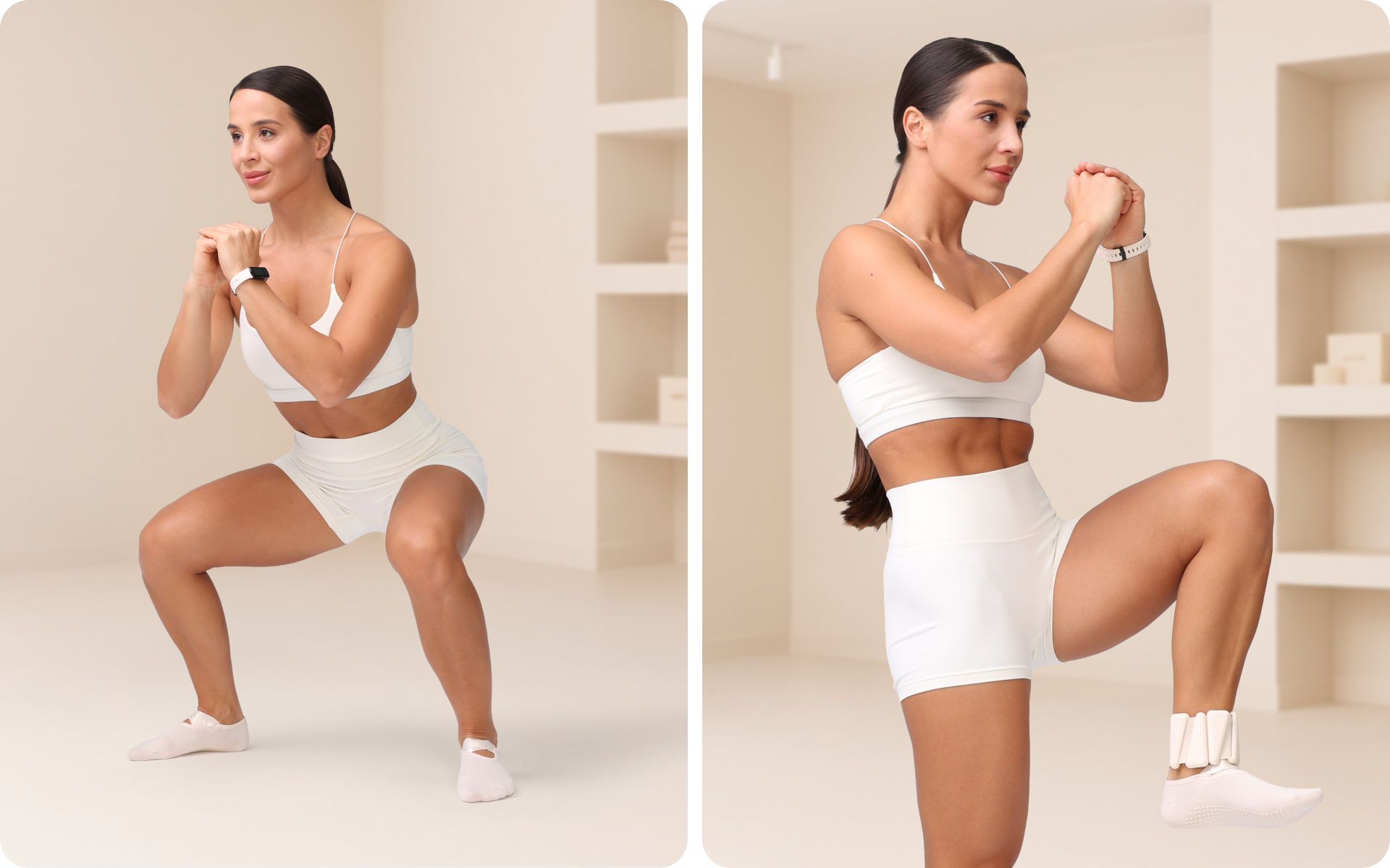 Lessie Fitness in a white workout set demonstrates lower-body strength moves, shown in a wide squat and a standing knee lift wearing ankle weights in a bright studio.