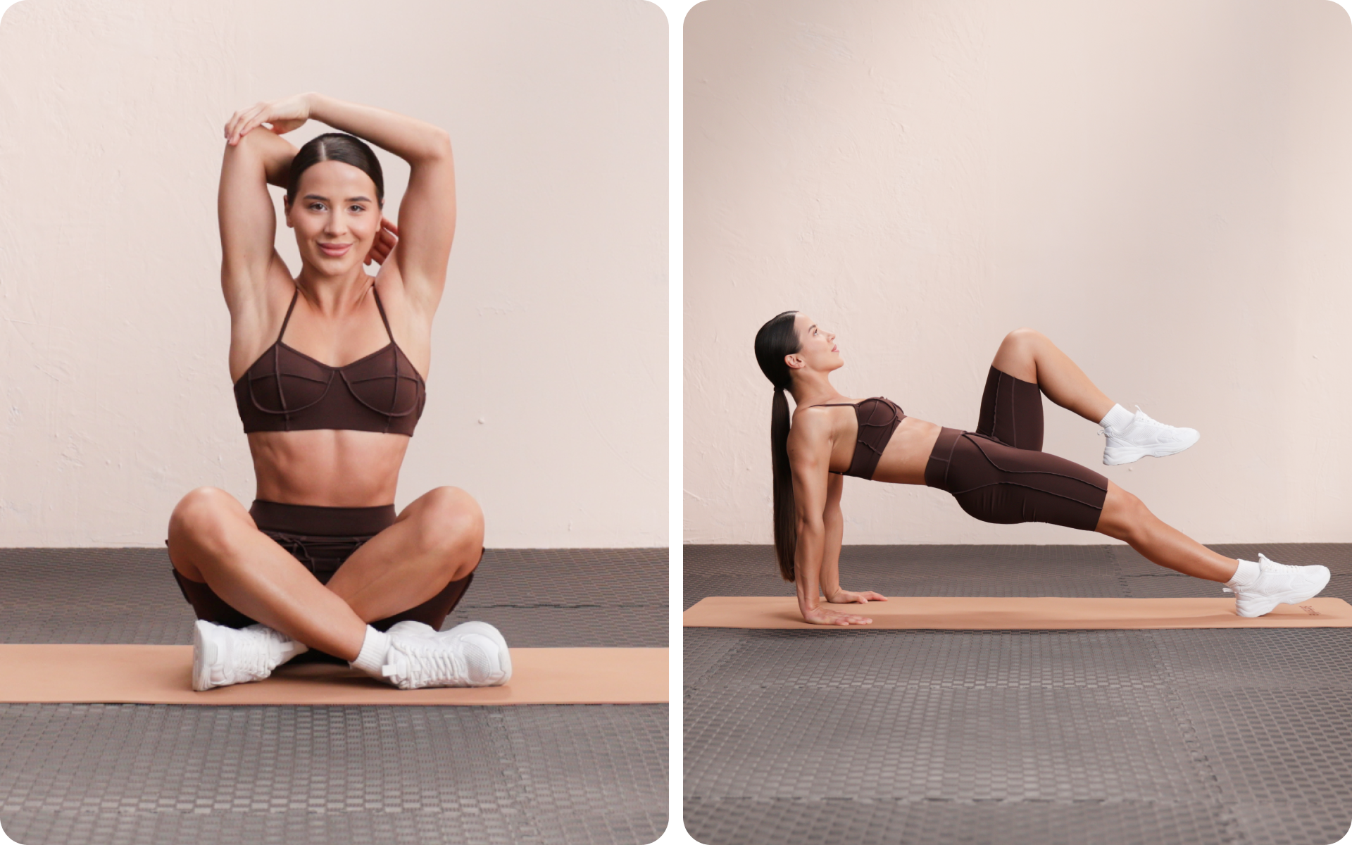 Lessie Fitness on a mat demonstrating a seated overhead stretch and a reverse tabletop with one knee lifted in a neutral studio setting.