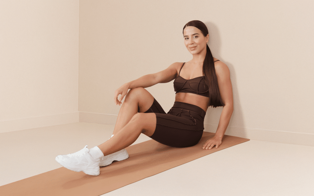 Lessie Fitness sits relaxed on a yoga mat, leaning against a wall in a neutral studio while wearing a chocolate brown activewear set and white sneakers.