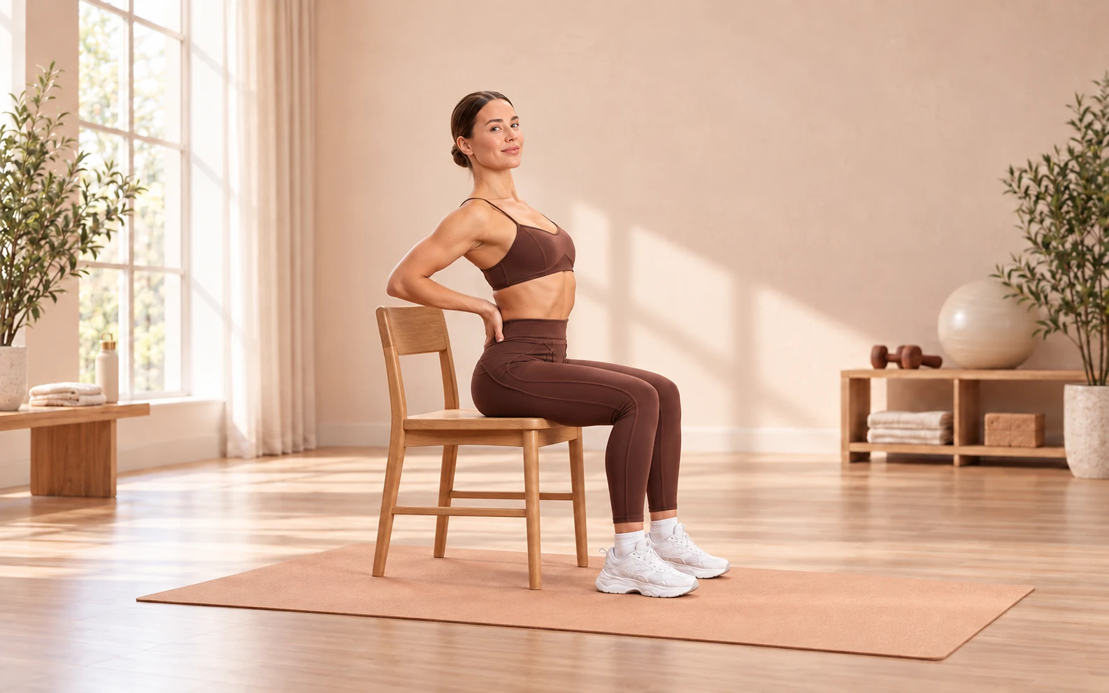 Woman seated on a chair in a gentle backbend for chair yoga camel pose.