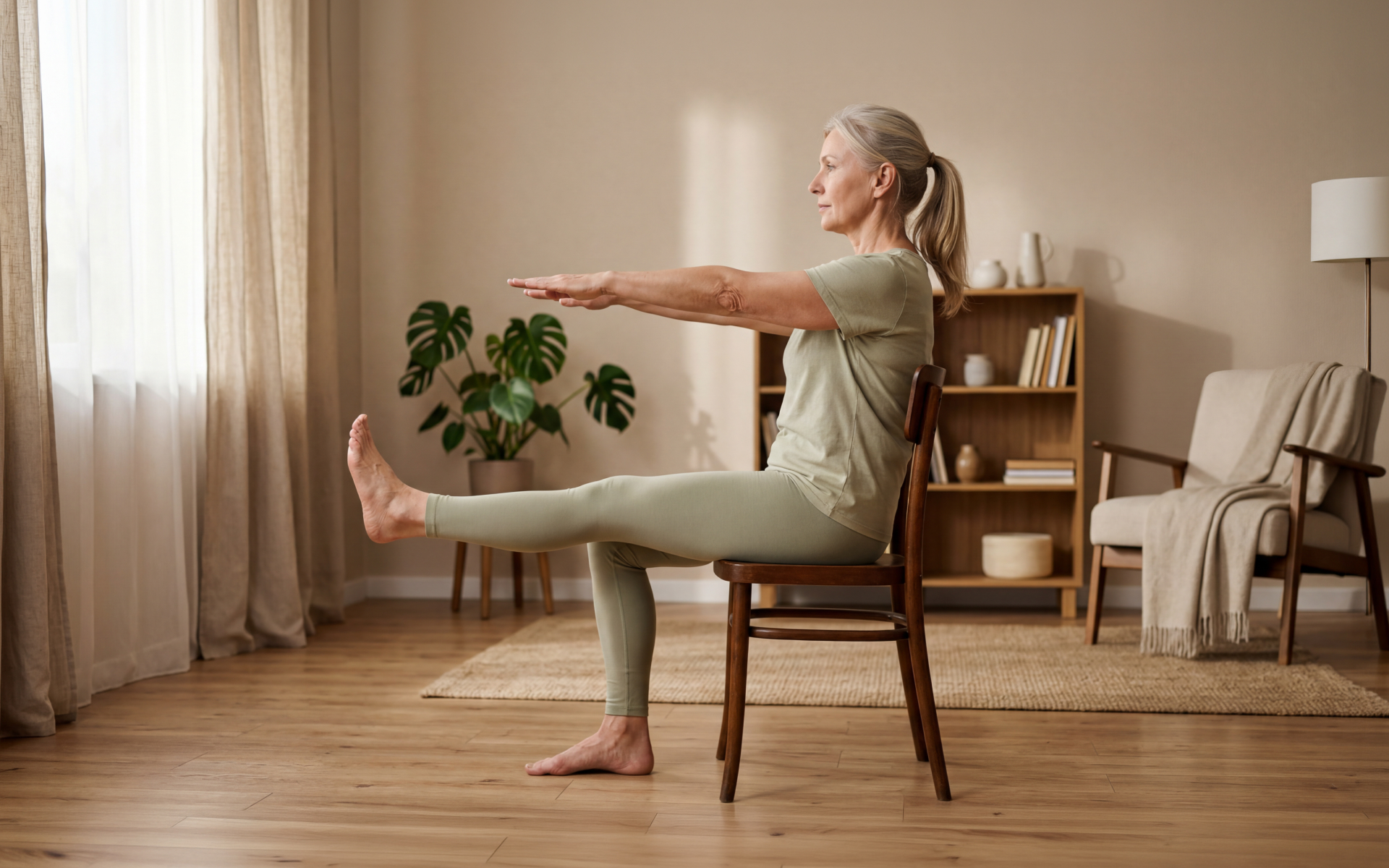 Older woman practicing seated Pilates for seniors on a chair in a calm living room, lifting one leg and extending her arms for balance and core strength.