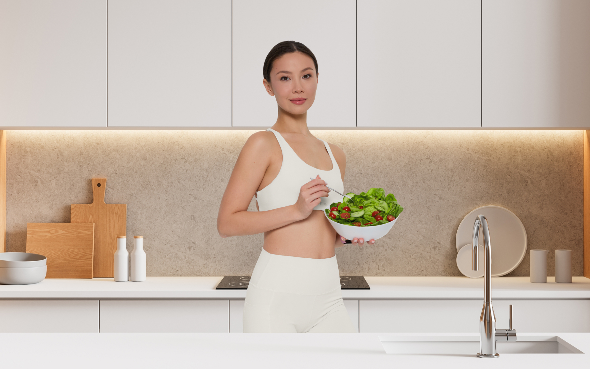 30-day clean eating meal plan concept: woman in a bright modern kitchen holding a bowl of fresh salad, representing balanced meals and healthy eating habits.