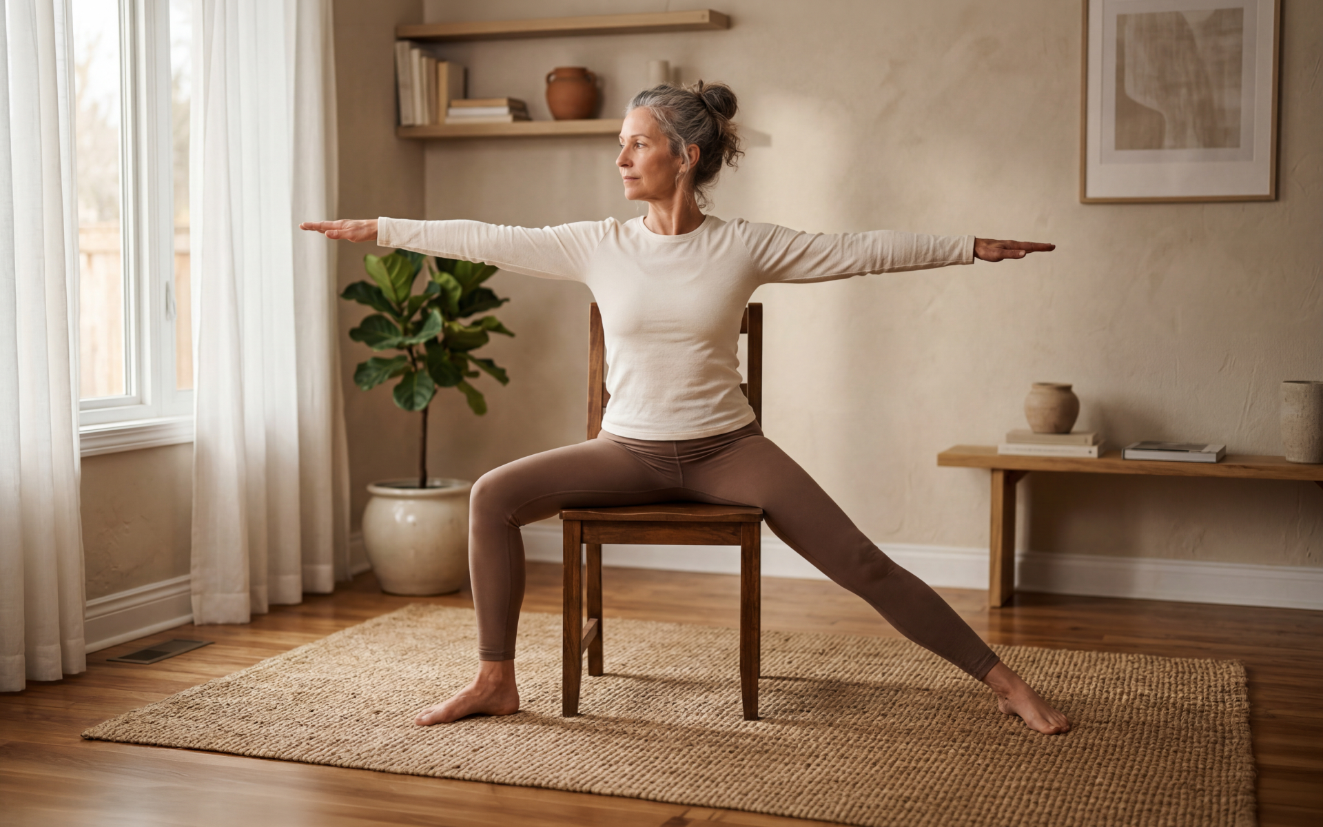 Woman practicing a seated yoga poses sequence on a chair at home, extending her arms and legs in a gentle chair yoga posture.