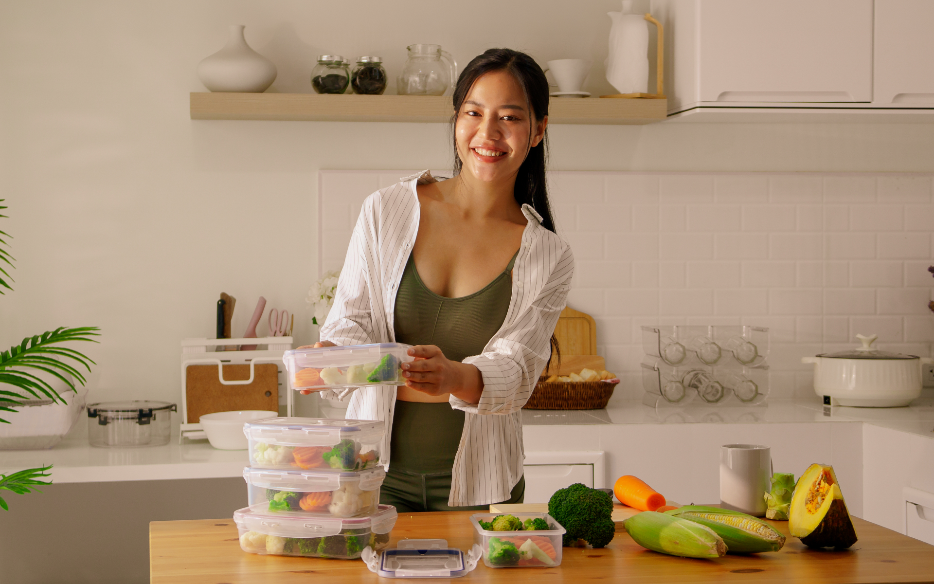 Woman holding food storage containers with vegetables in a kitchen for lazy meal prep.