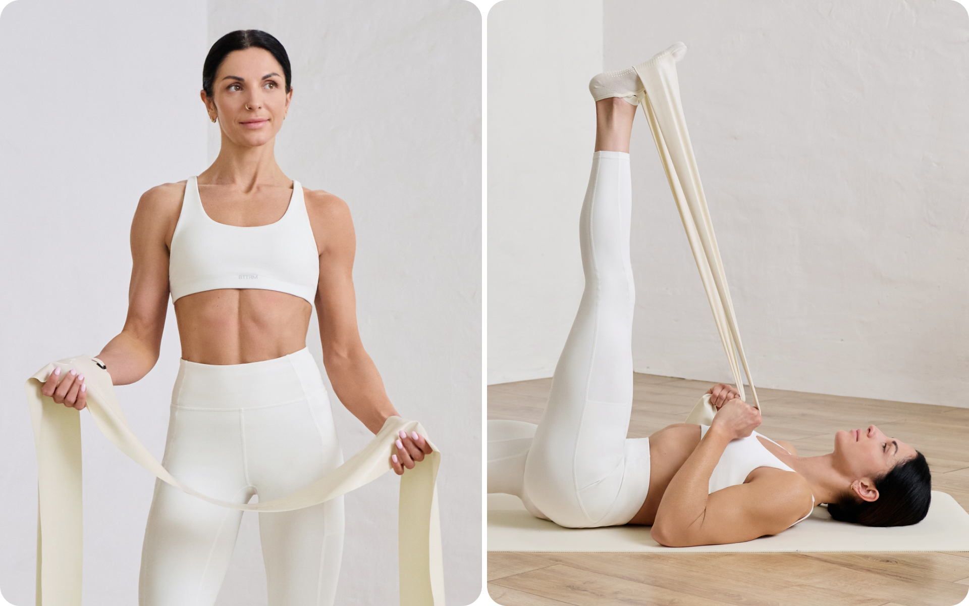 Collage of a woman holding a long resistance band and using it for a lying leg stretch.