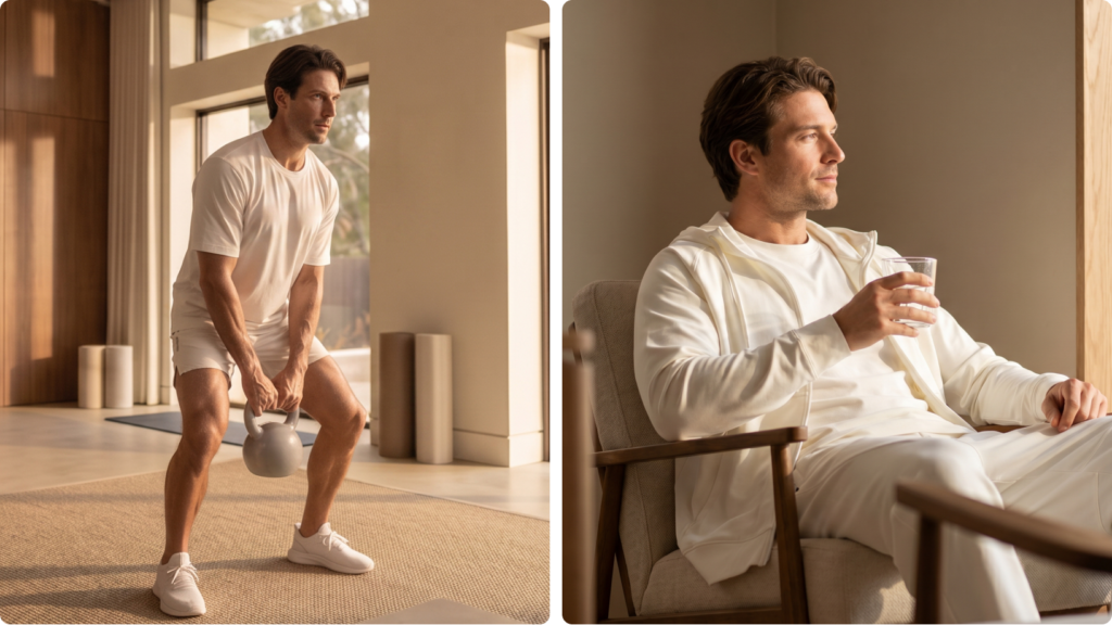 Man strength training with a kettlebell and resting with water, representing workout tracking, hydration, and recovery score insights.
