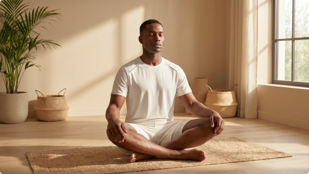 Man meditating in a calm indoor space, representing mindfulness, stress management, and recovery score insights.
