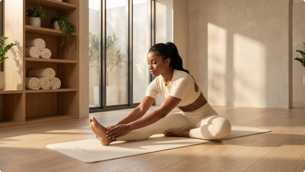 Woman stretching on a mat in a bright wellness studio, representing mobility, flexibility, and recovery score insights.
