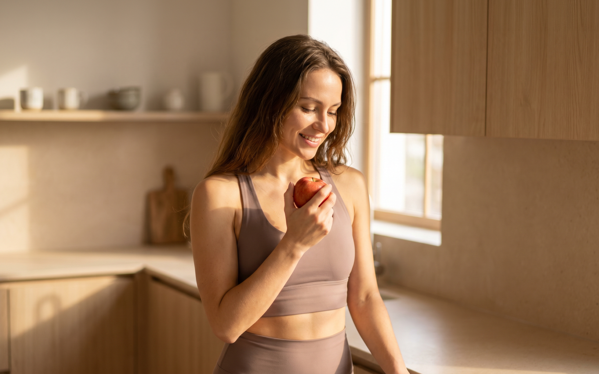 Woman holding an apple in a bright kitchen for a 5-day Mediterranean diet meal plan.