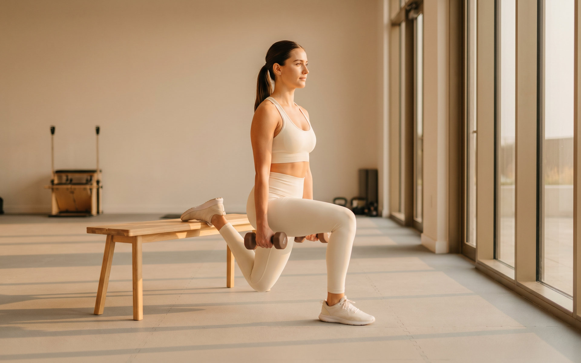 Woman doing a dumbbell Bulgarian split squat on a bench during a leg circuit workout in a bright fitness studio.